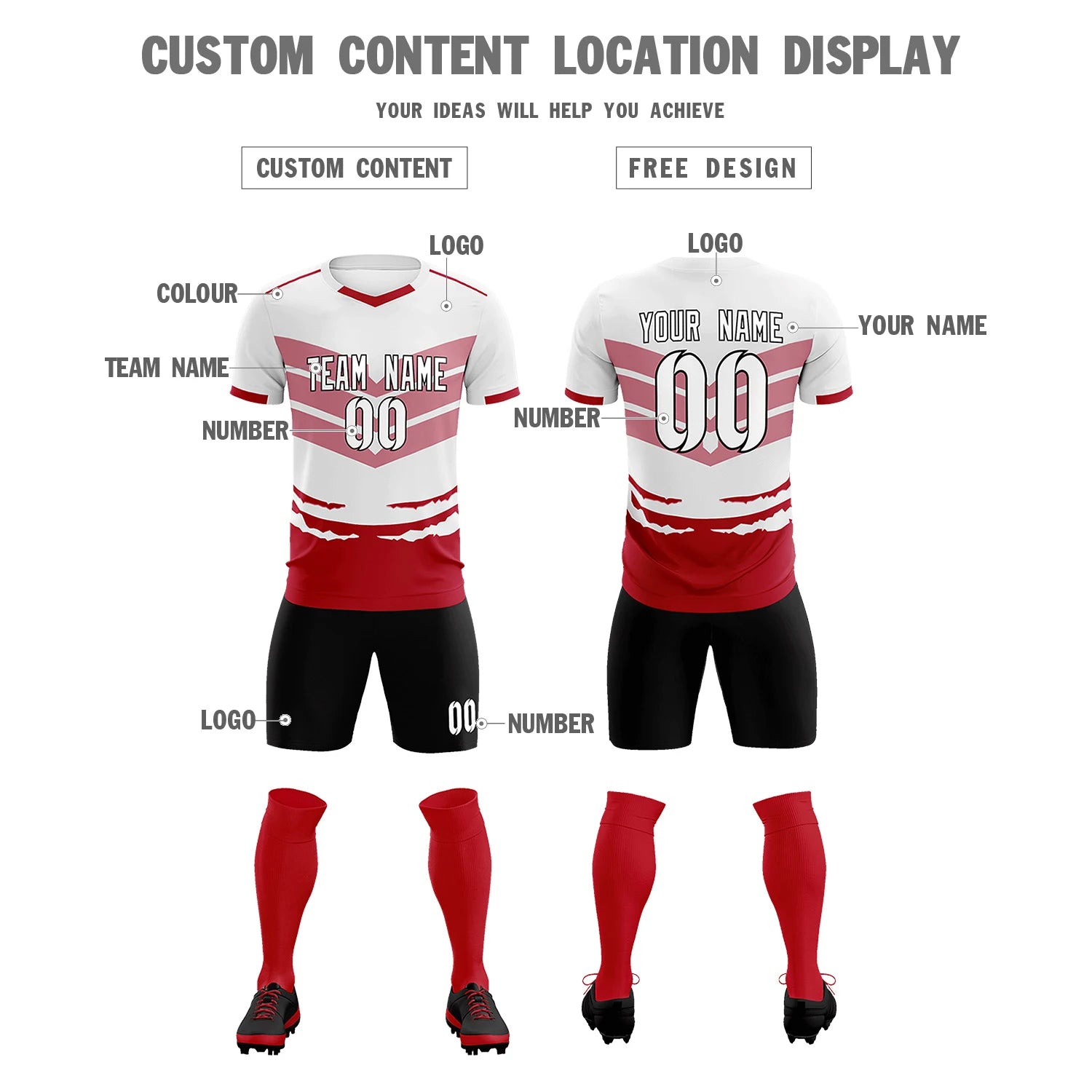 Custom White Red Men Uniform Soccer Sets Jersey