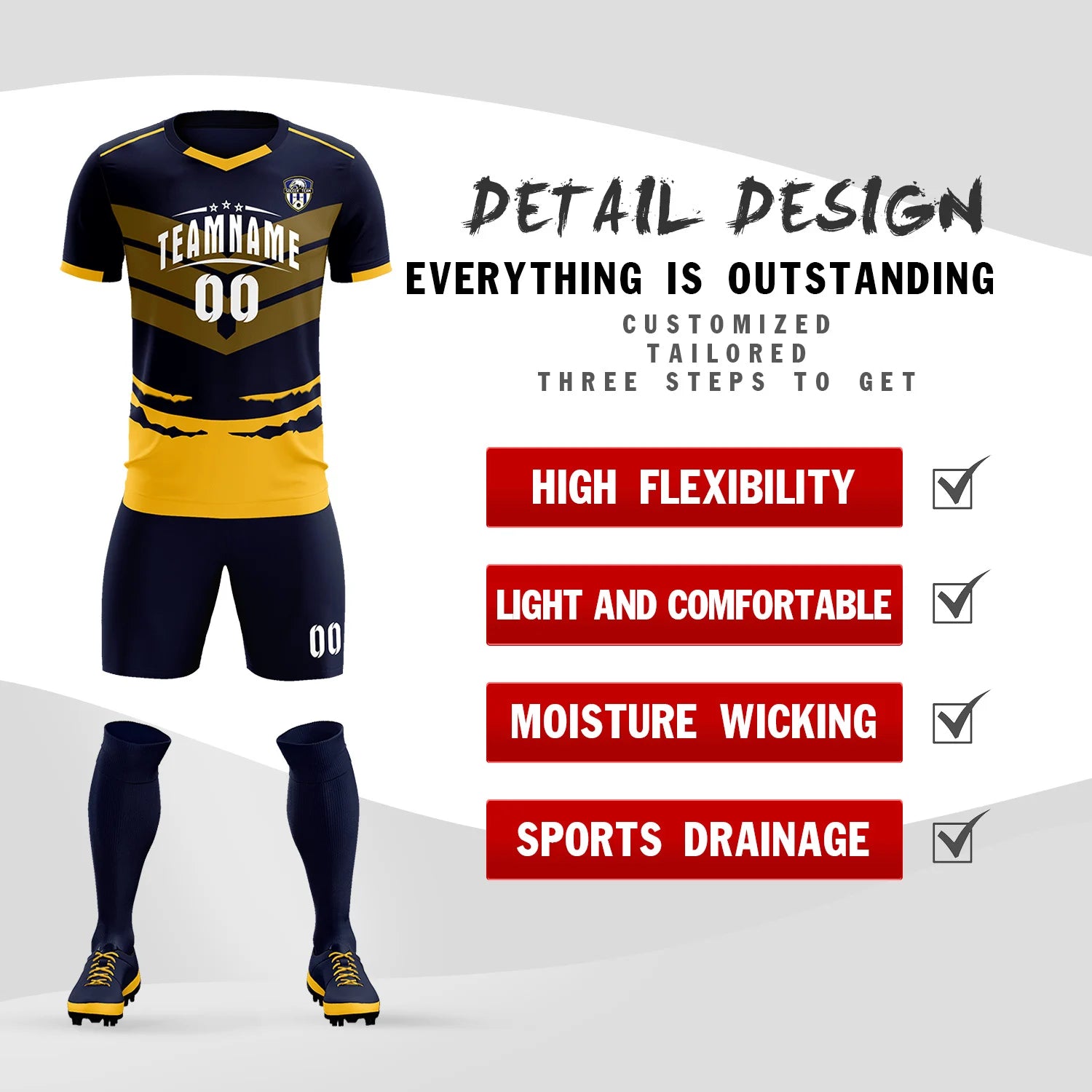 Custom Navy Yellow Men Uniform Soccer Sets Jersey