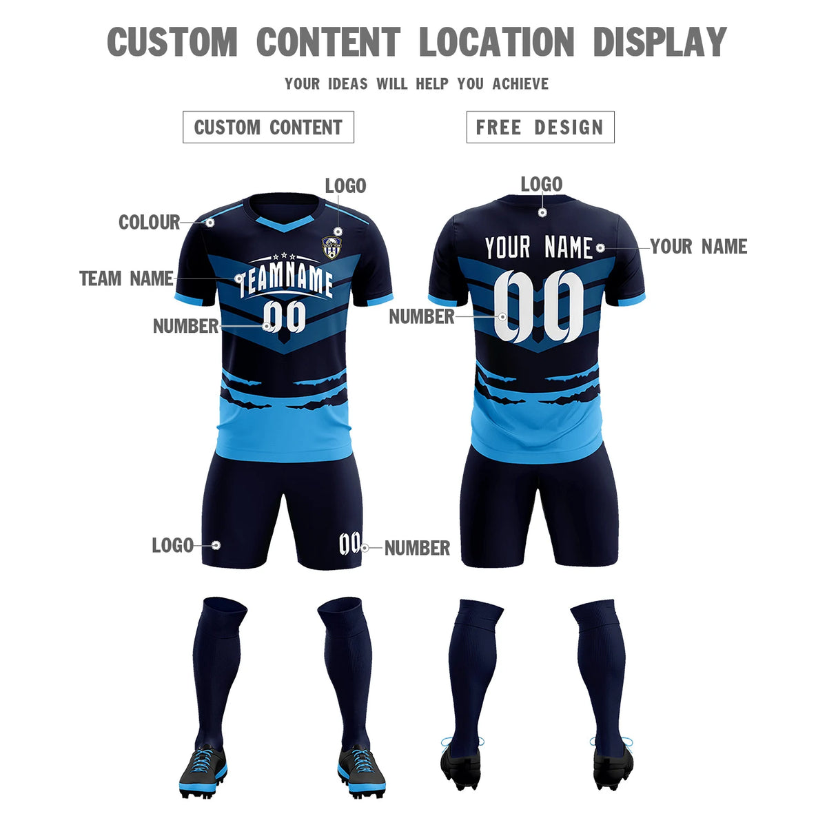 Custom Navy Powder Blue Men Uniform Soccer Sets Jersey