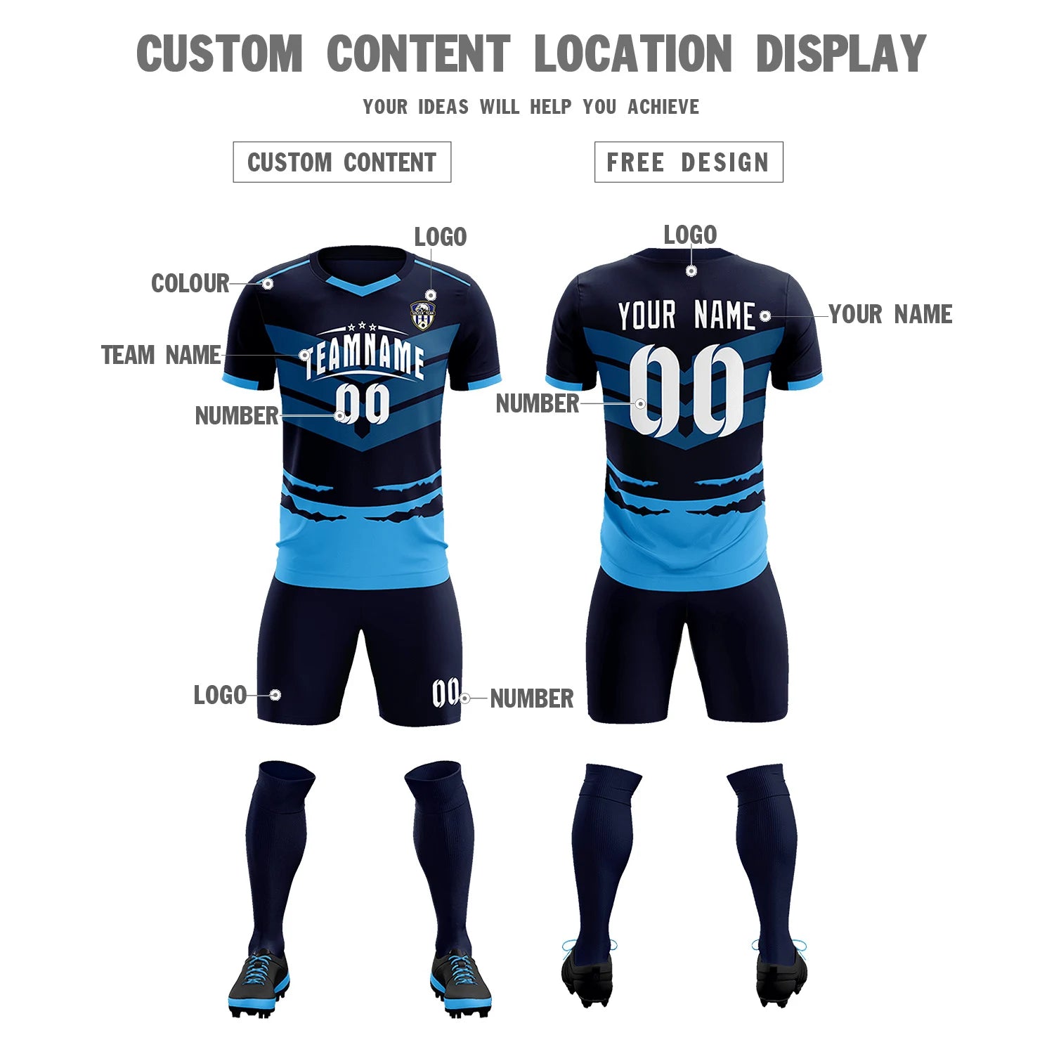 Custom Navy Powder Blue Men Uniform Soccer Sets Jersey