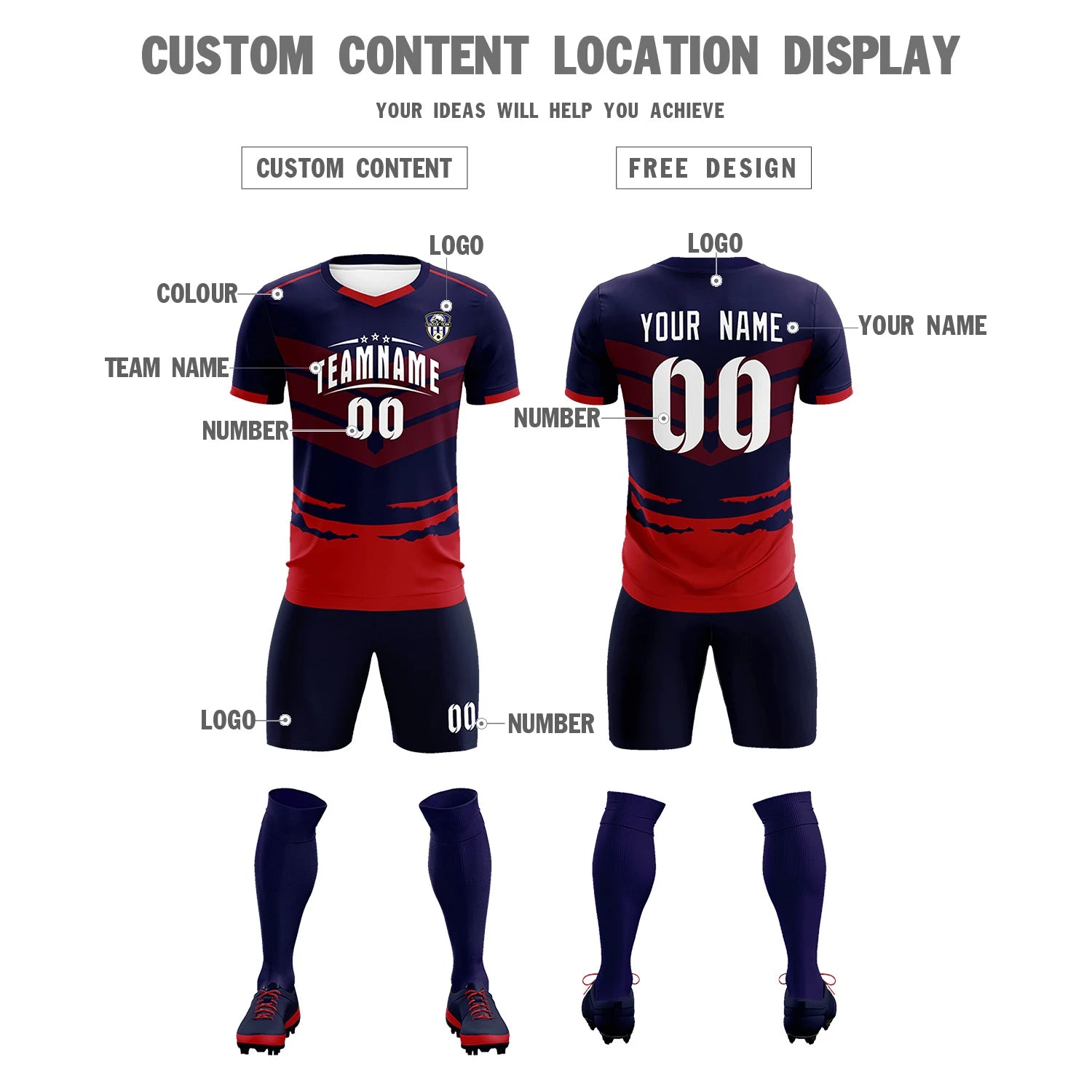Custom Navy Red Men Uniform Soccer Sets Jersey