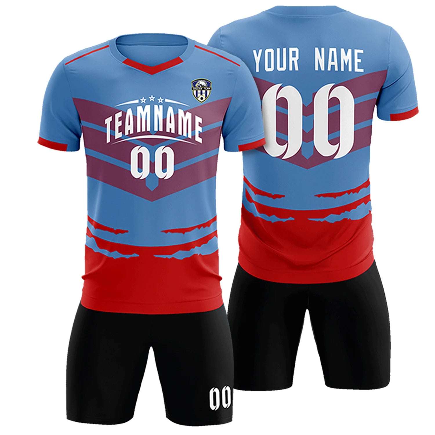 Custom Light Blue Red Men Uniform Soccer Sets Jersey