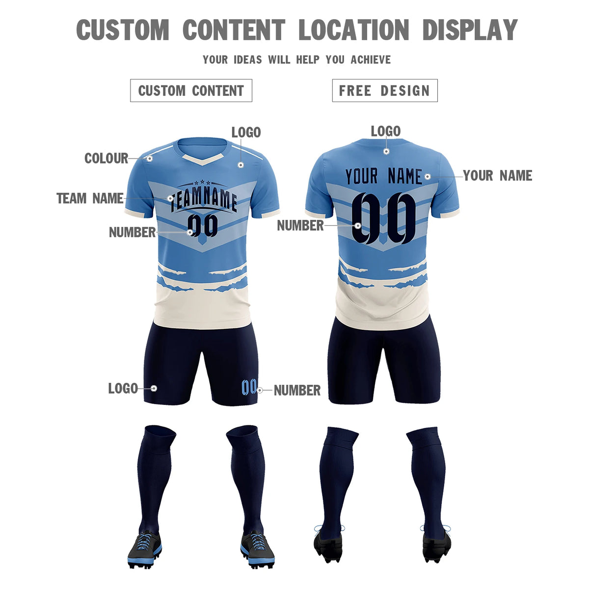 Custom Light Blue Cream Men Uniform Soccer Sets Jersey