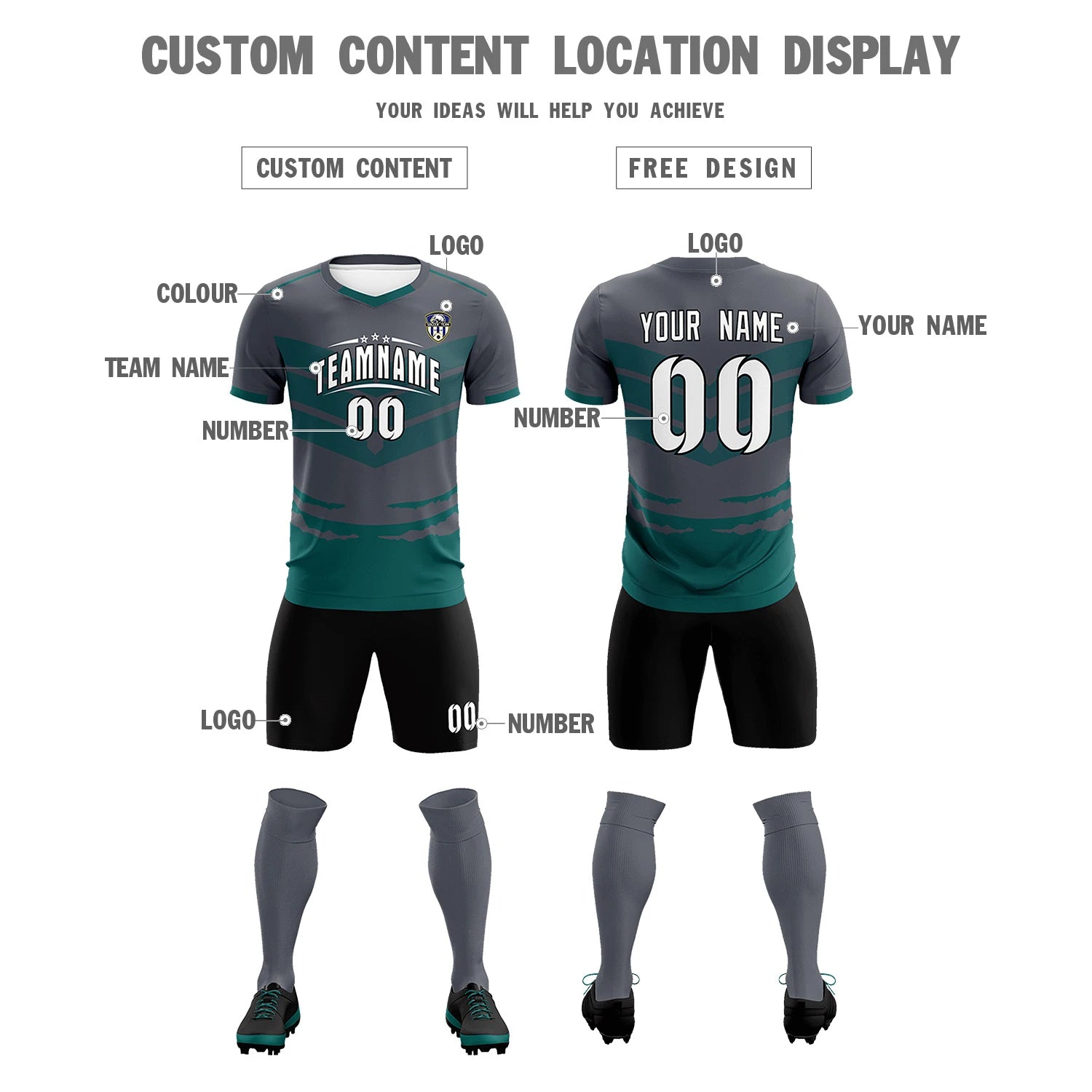 Custom Dark Gray Midnight Green Men Uniform Soccer Sets Jersey