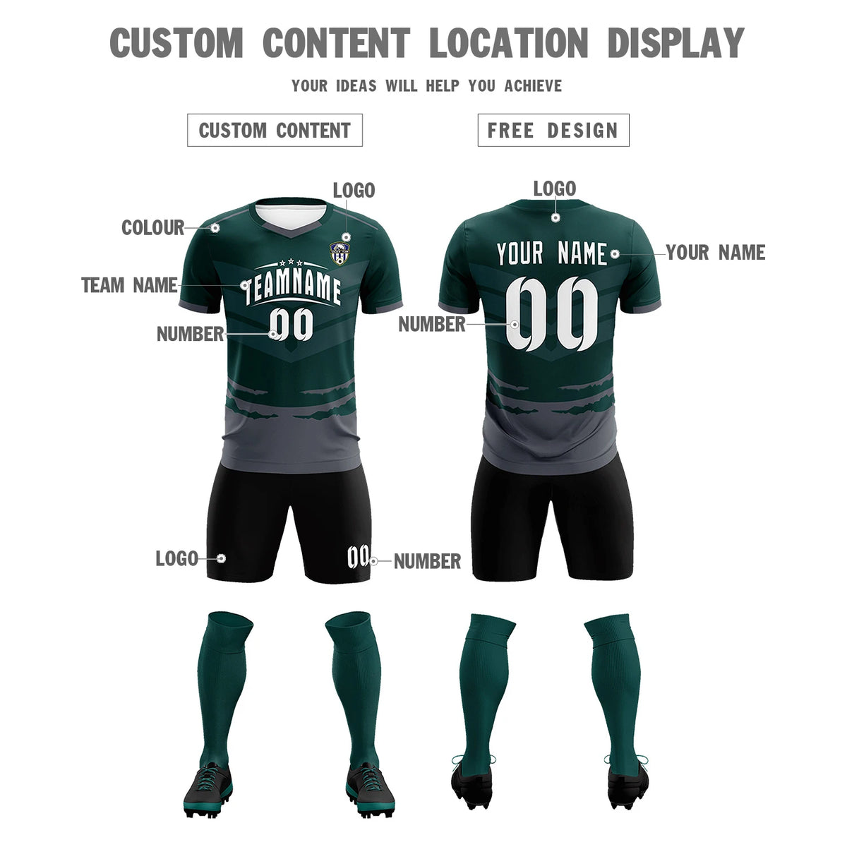 Custom Midnight Green Dark Gray Men Uniform Soccer Sets Jersey