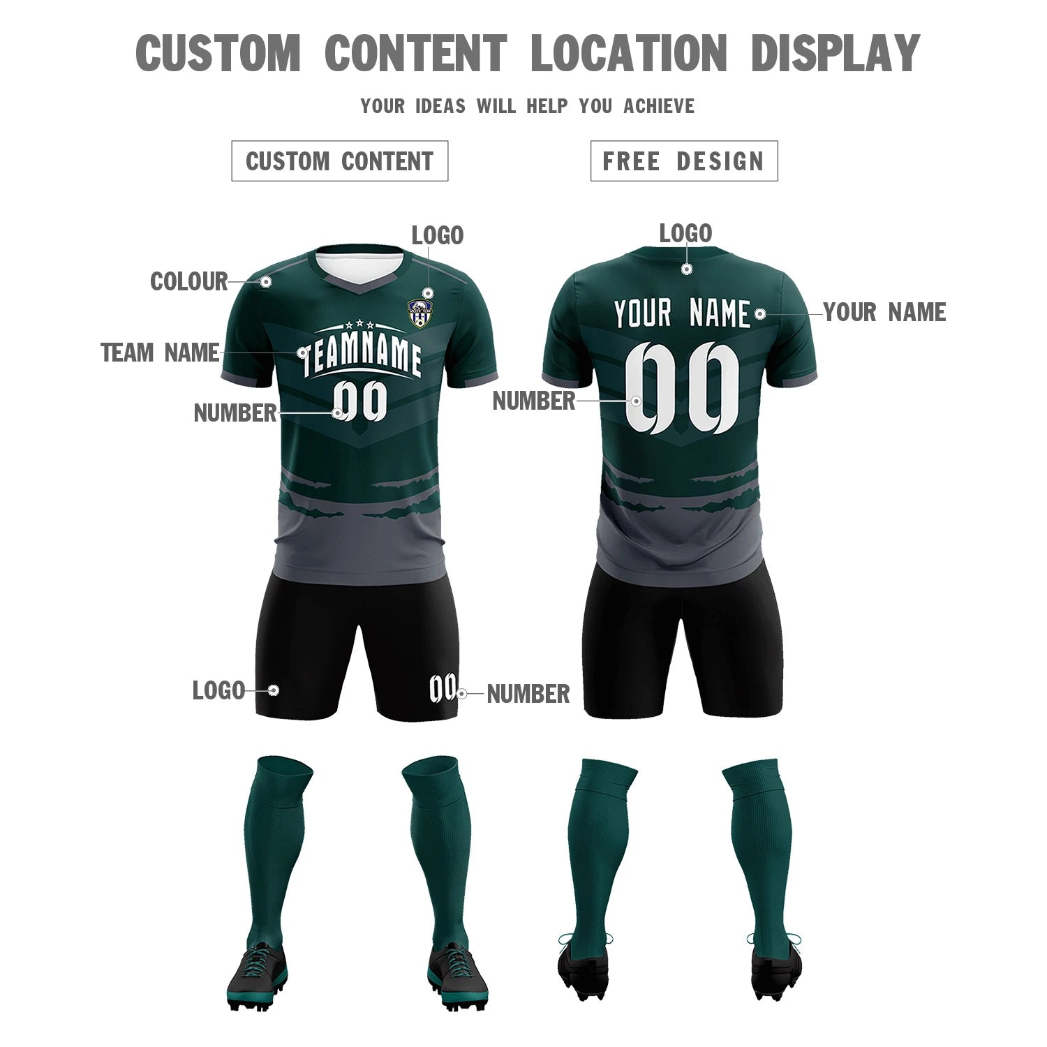 Custom Midnight Green Dark Gray Men Uniform Soccer Sets Jersey