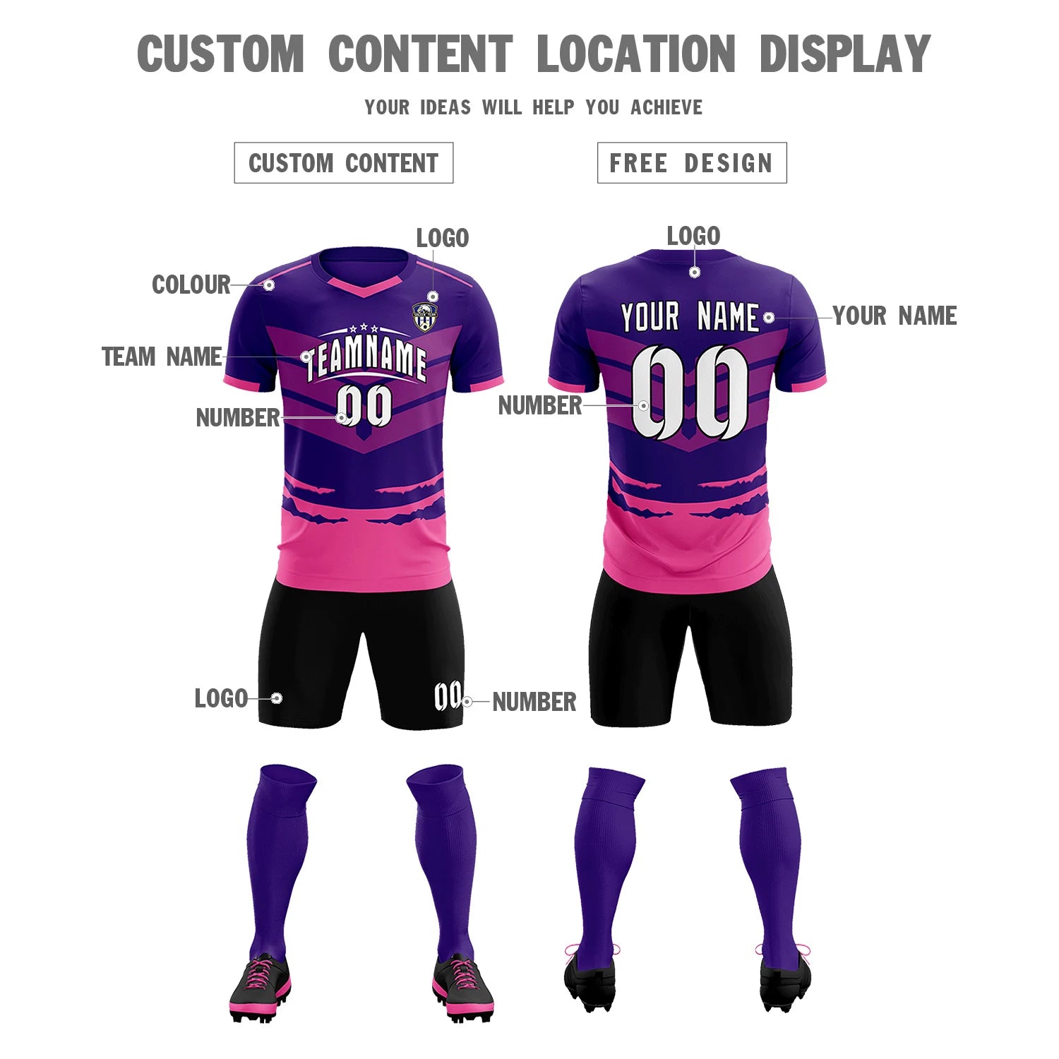 Custom Purple Pink Men Uniform Soccer Sets Jersey