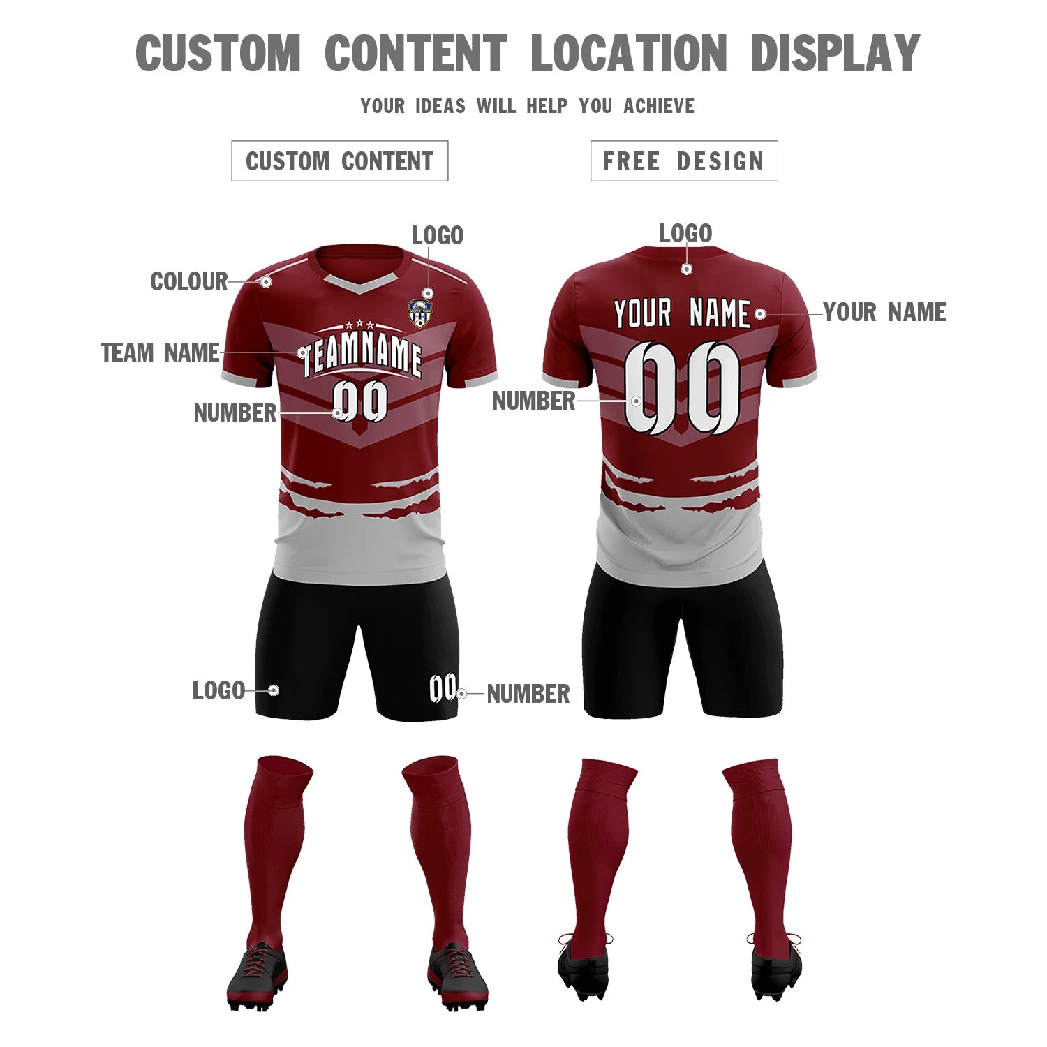 Custom Crimson Gray Men Uniform Soccer Sets Jersey