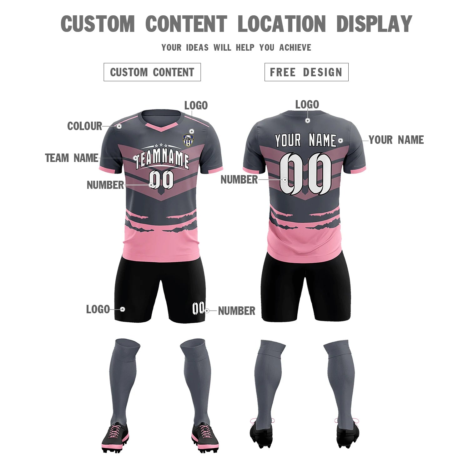 Custom Gray Light Pink Men Uniform Soccer Sets Jersey