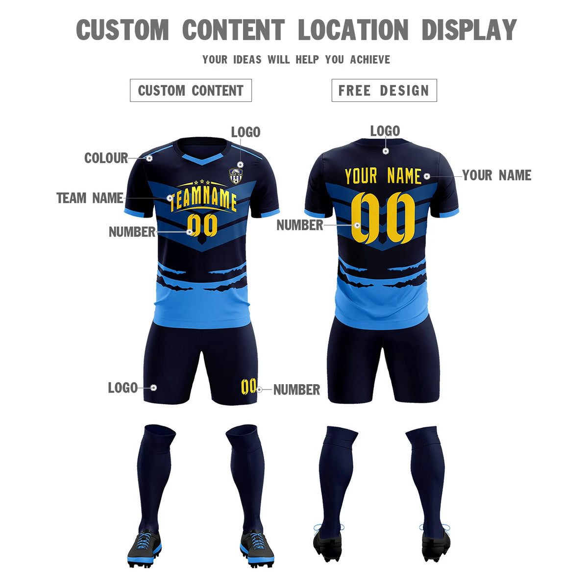 Custom Navy Powder Blue Men Uniform Soccer Sets Jersey