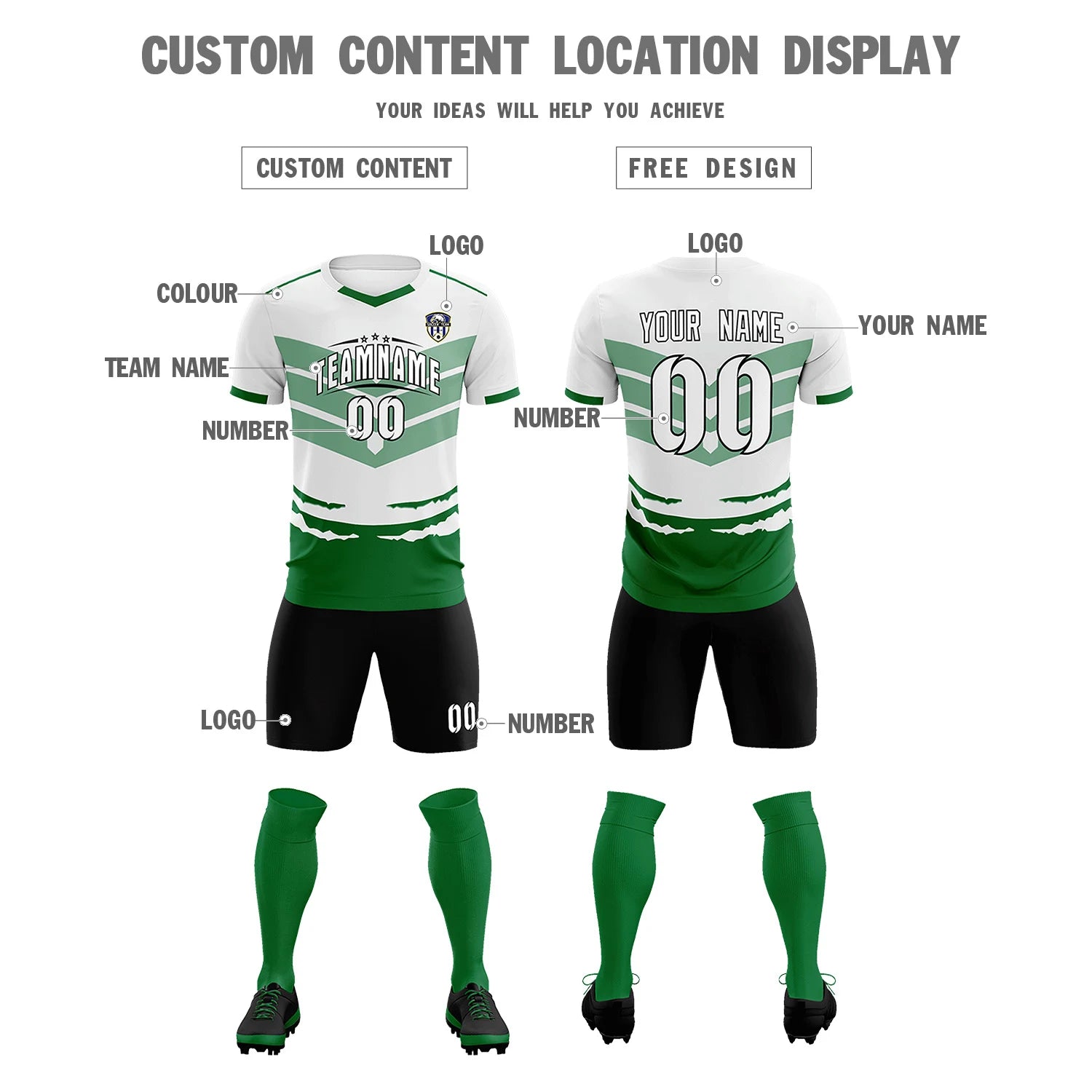 Custom White Kelly Green Men Uniform Soccer Sets Jersey