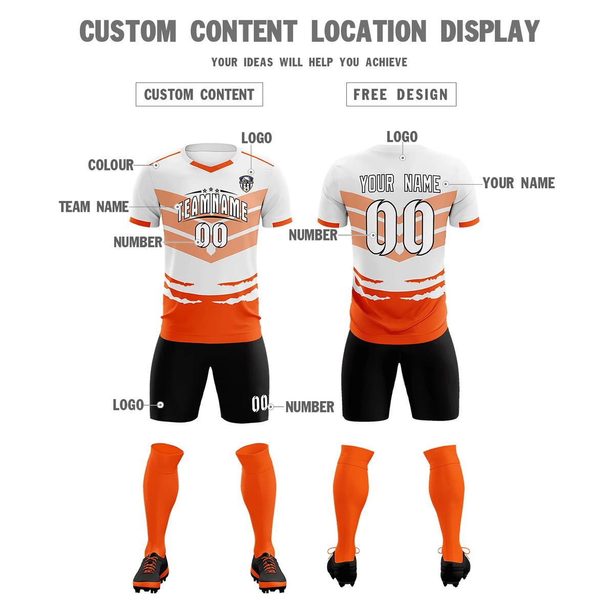 Custom White Orange Men Uniform Soccer Sets Jersey
