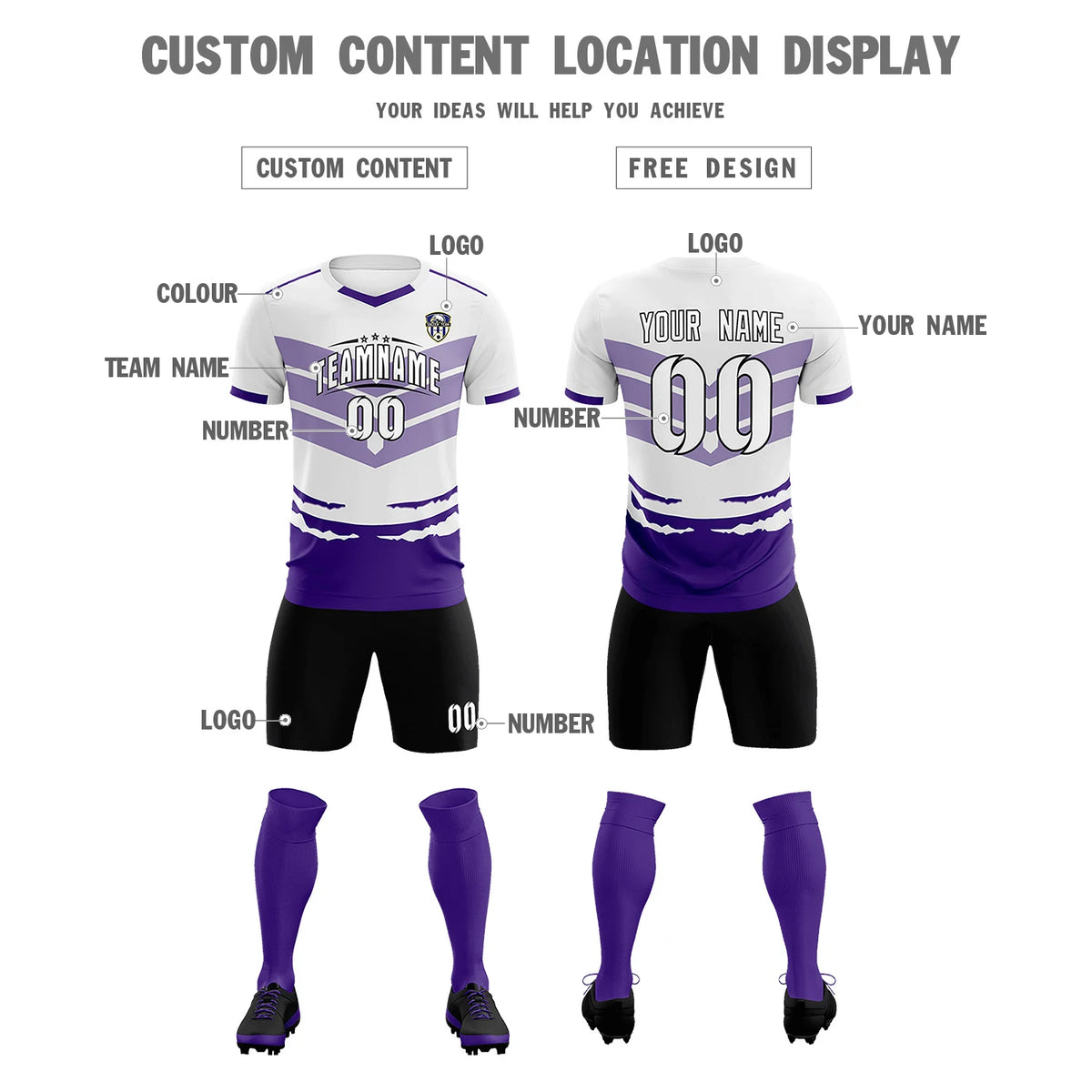 Custom White Purple Men Uniform Soccer Sets Jersey