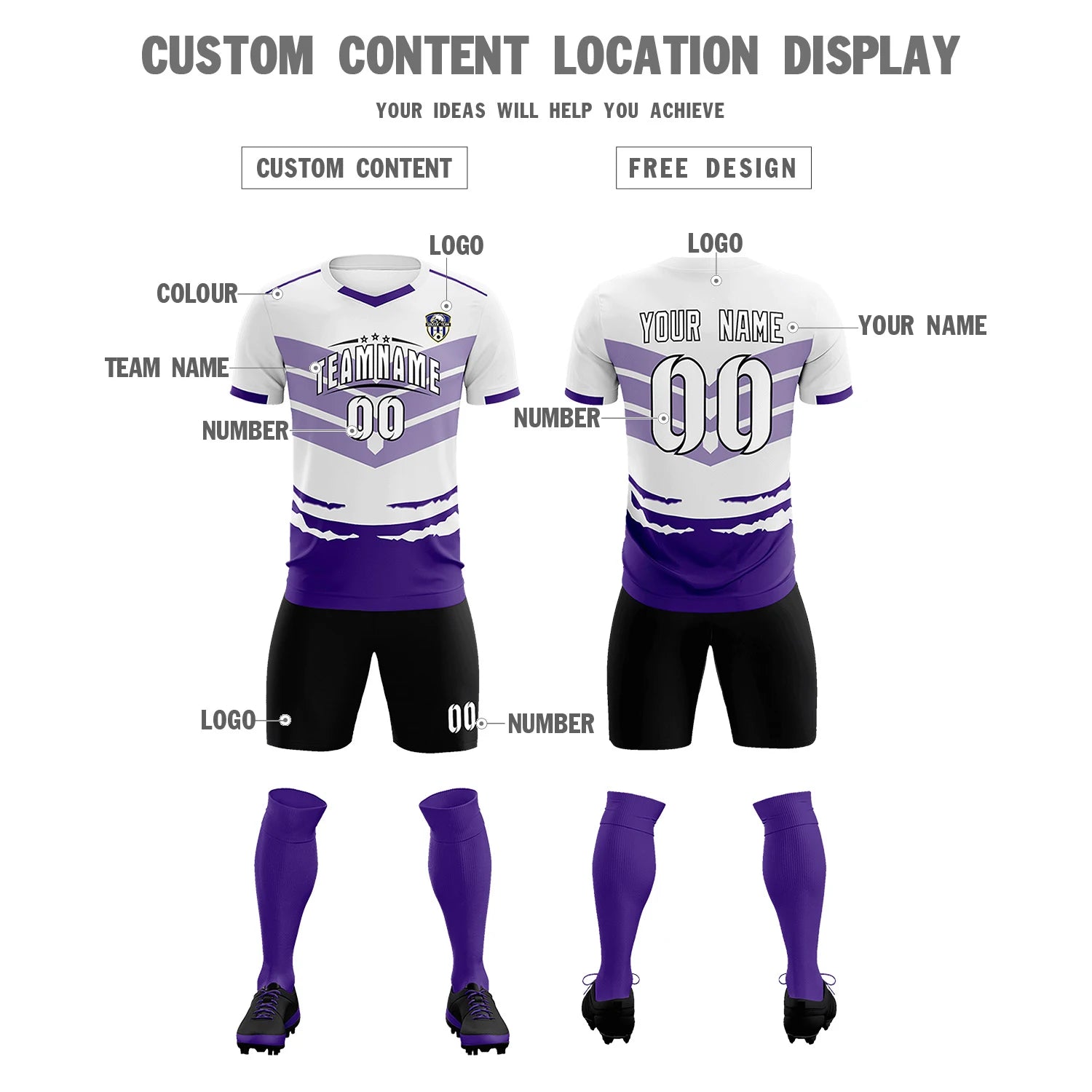 Custom White Purple Men Uniform Soccer Sets Jersey