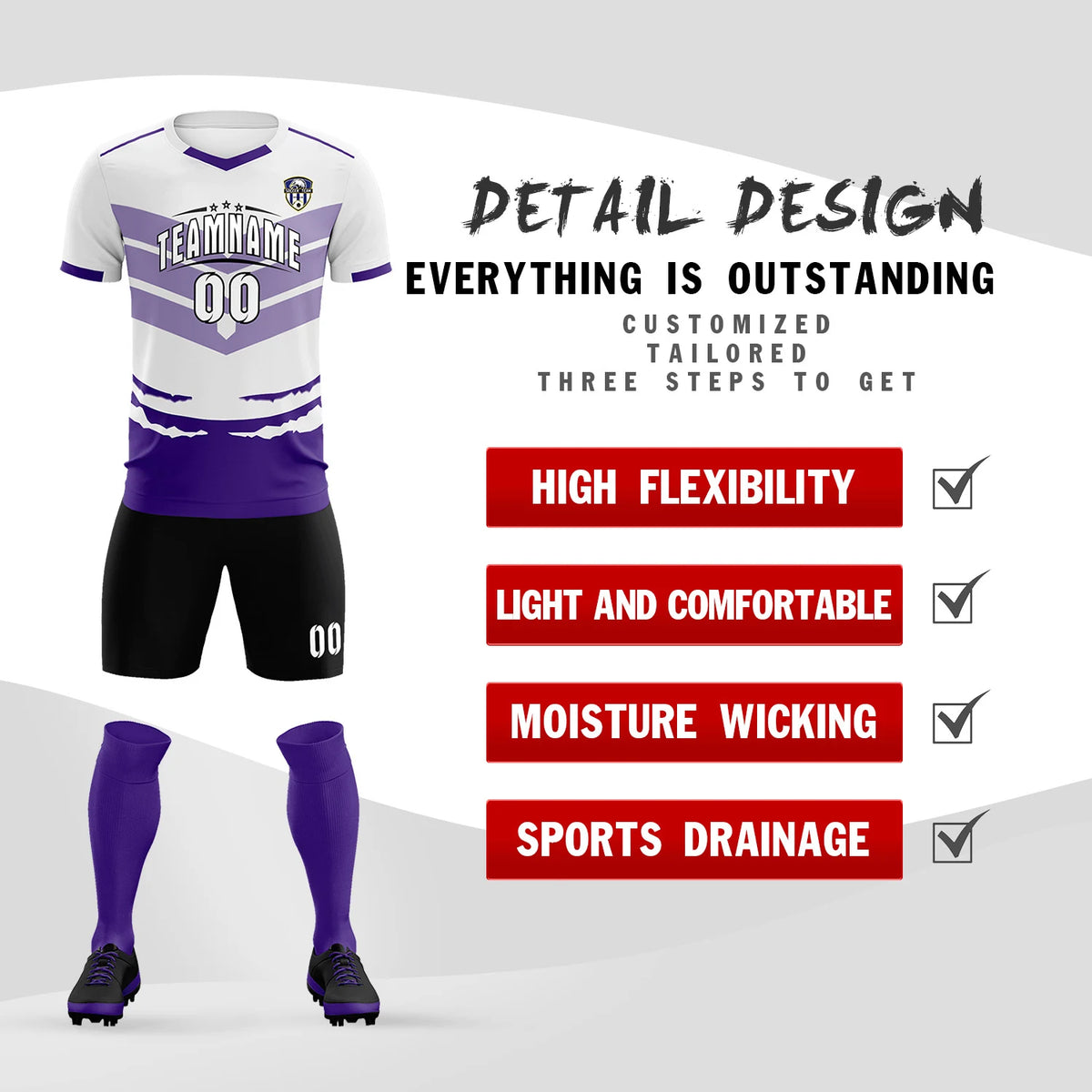 Custom White Purple Men Uniform Soccer Sets Jersey
