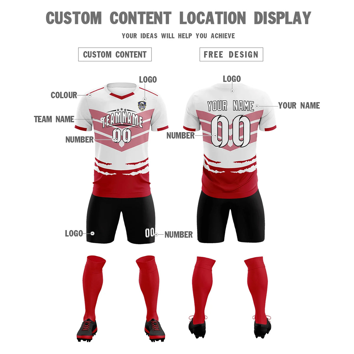 Custom White Red Men Uniform Soccer Sets Jersey