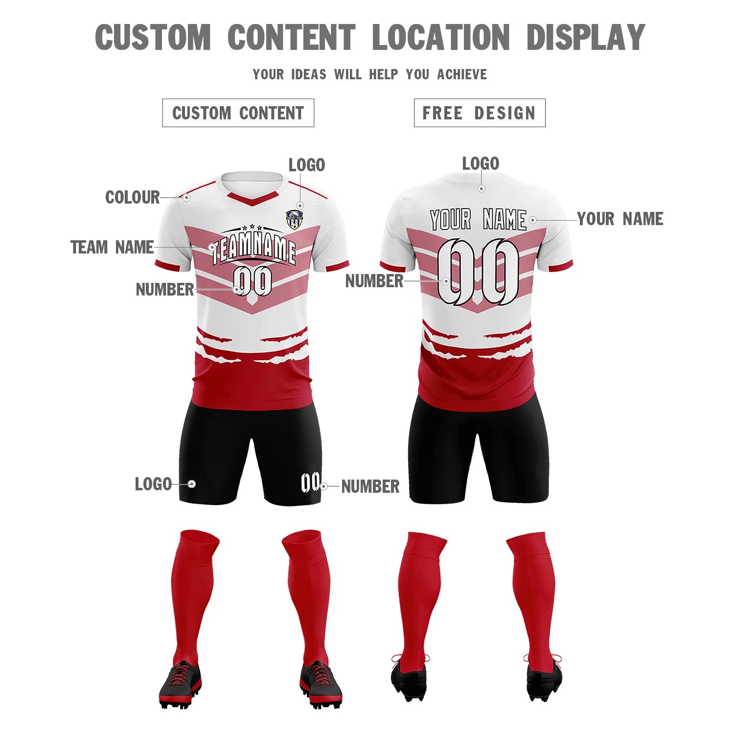 Custom White Red Men Uniform Soccer Sets Jersey