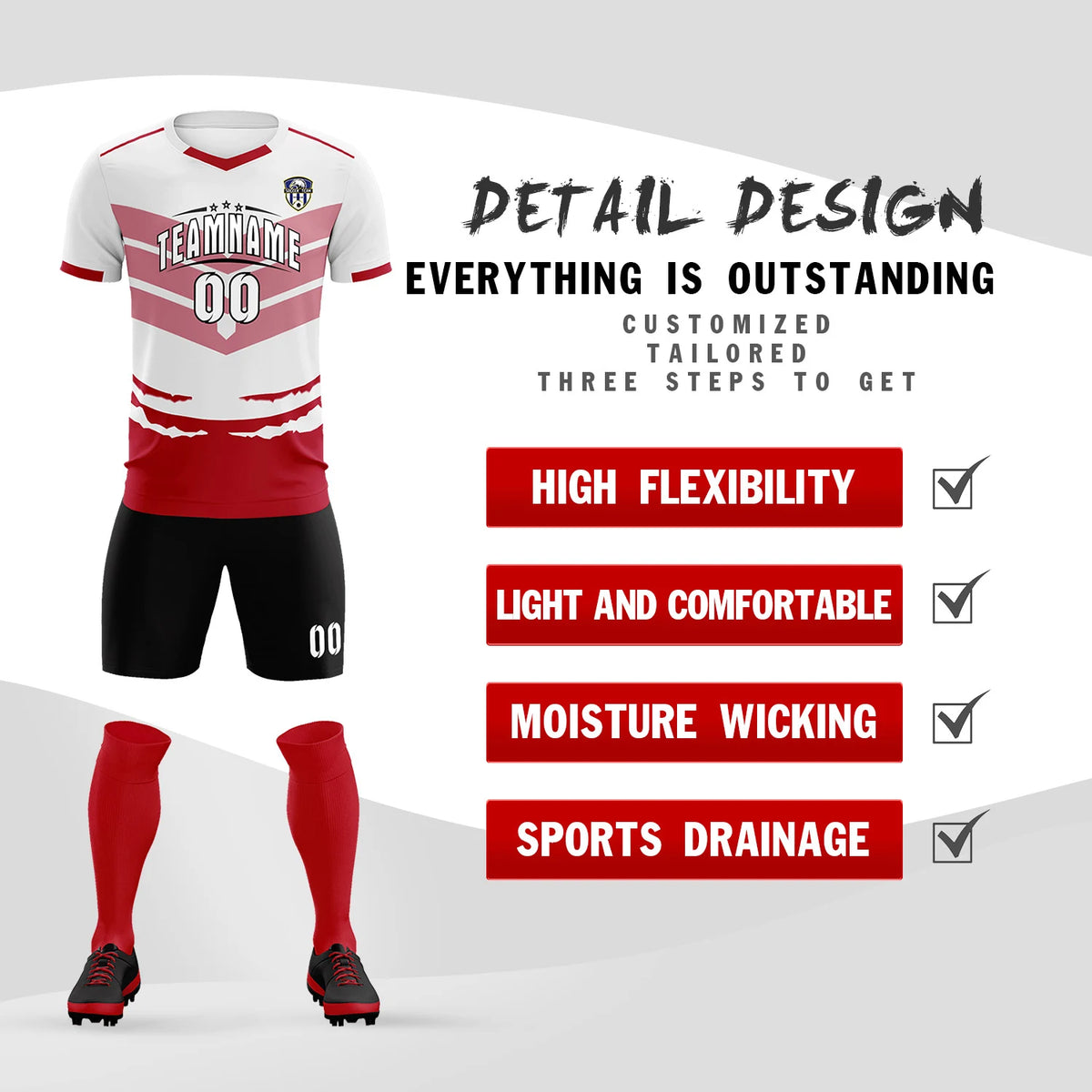Custom White Red Men Uniform Soccer Sets Jersey