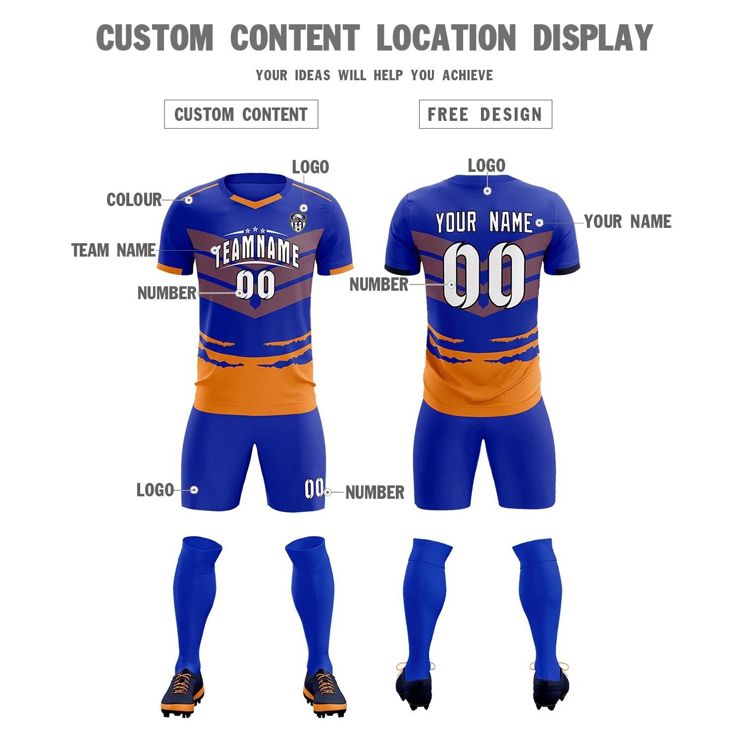 Custom Royal Blue Orange Men Uniform Soccer Sets Jersey