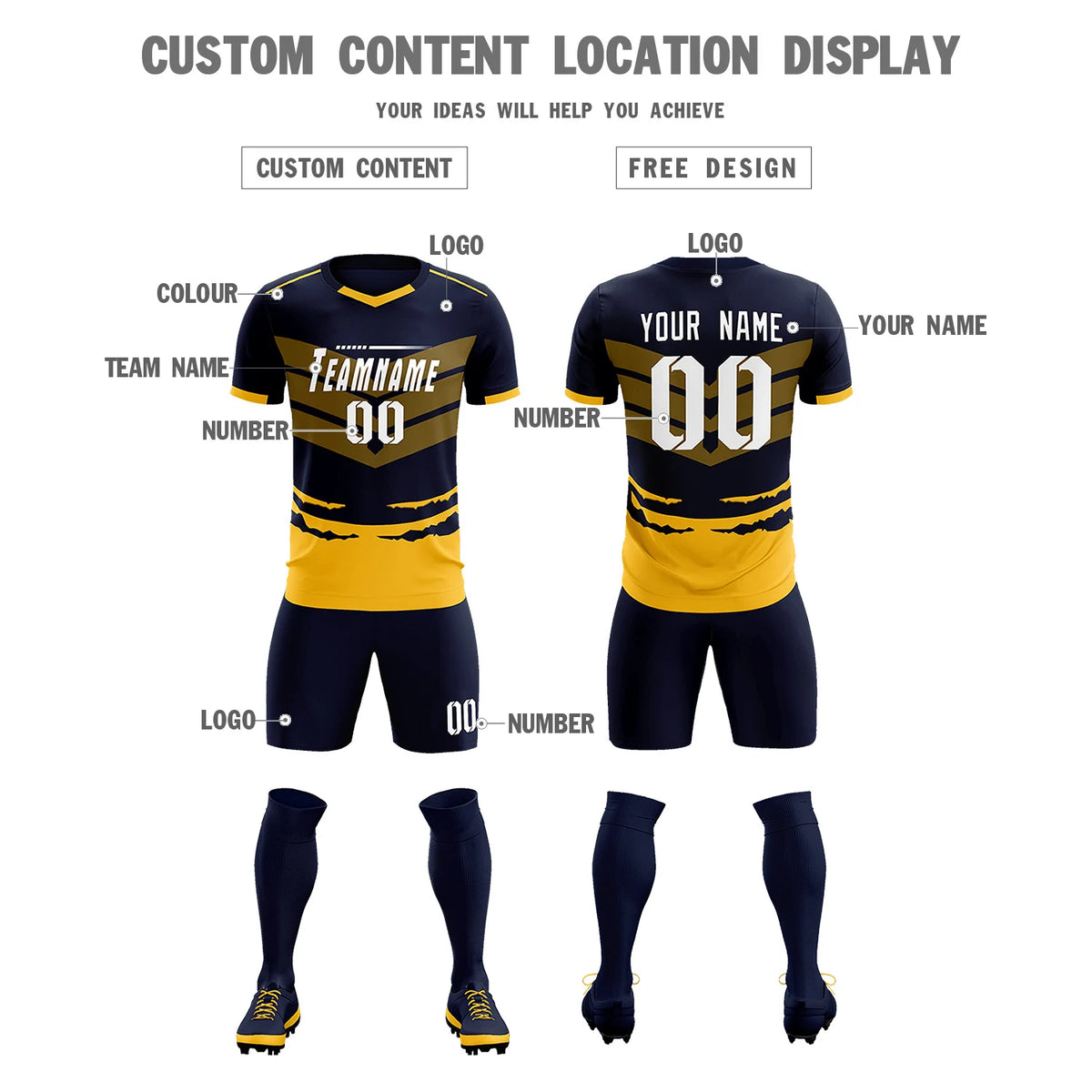 Custom Navy Yellow Men Uniform Soccer Sets Jersey