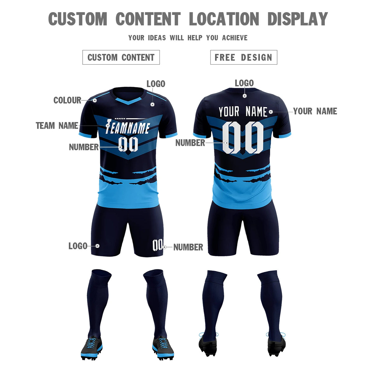 Custom Navy Powder Blue Men Uniform Soccer Sets Jersey