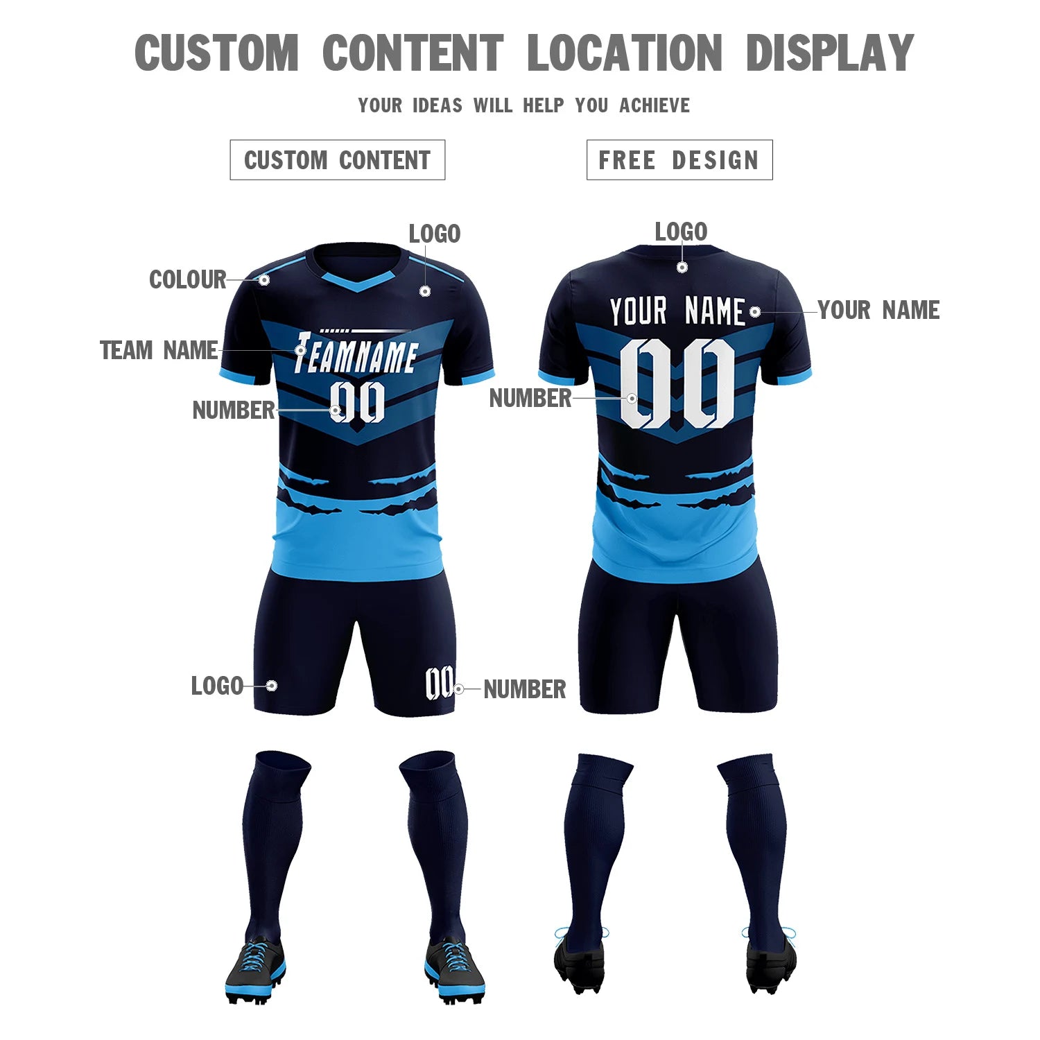 Custom Navy Powder Blue Men Uniform Soccer Sets Jersey