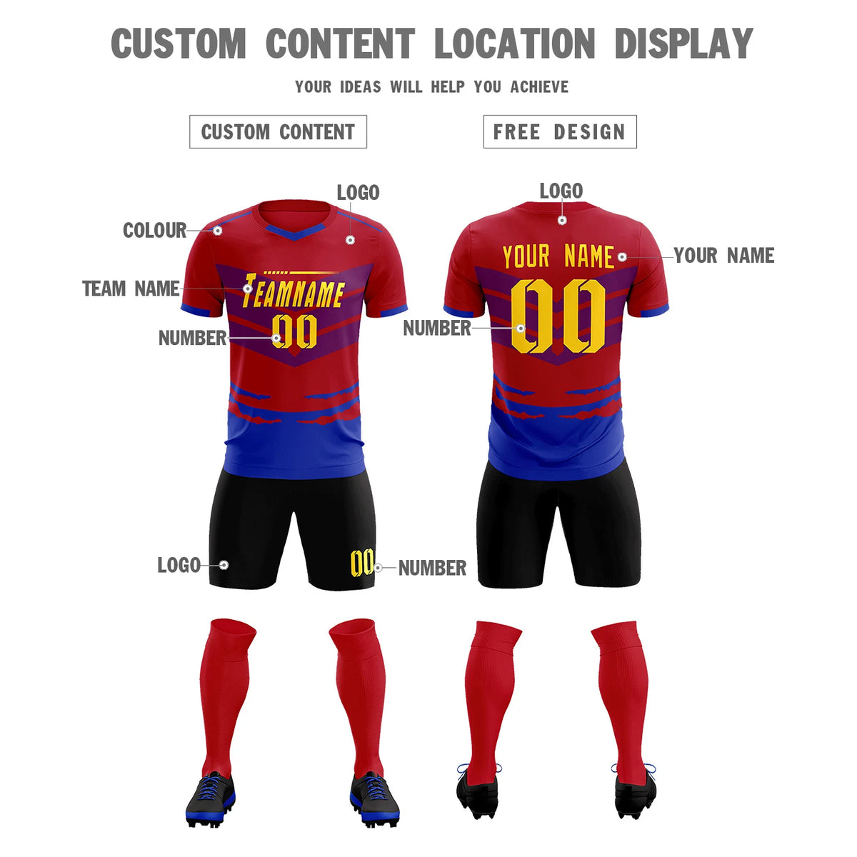 Custom Red Royal Blue Men Uniform Soccer Sets Jersey