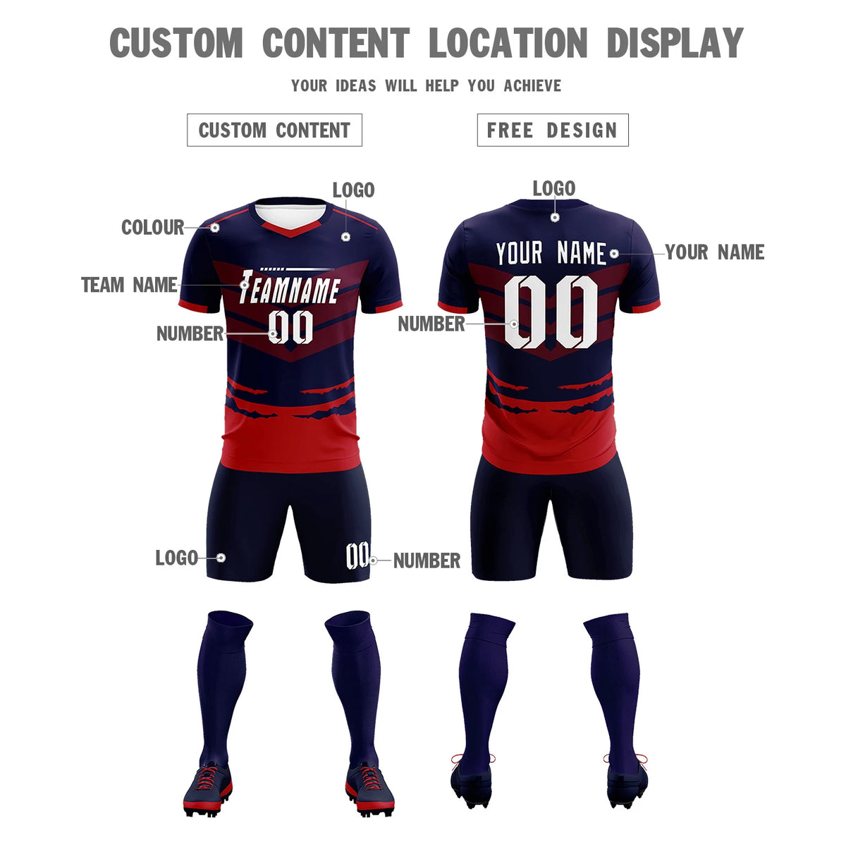 Custom Navy Red Men Uniform Soccer Sets Jersey