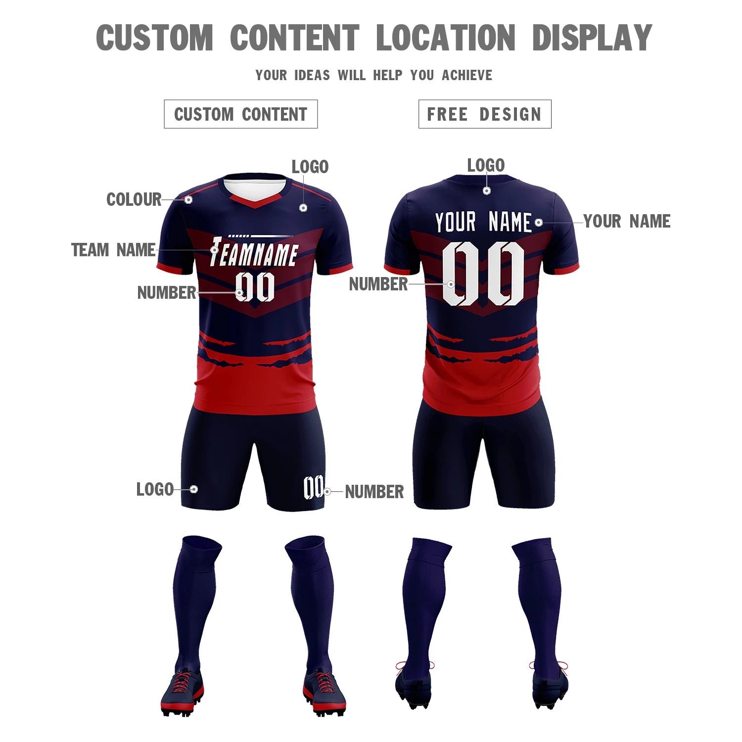 Custom Navy Red Men Uniform Soccer Sets Jersey