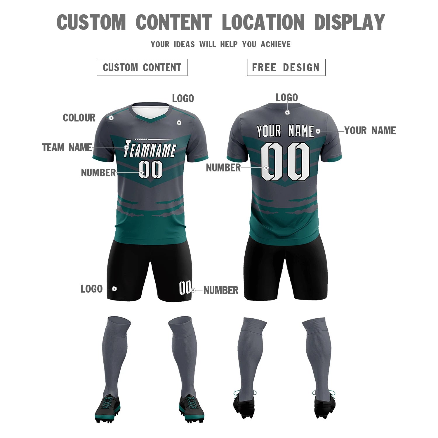 Custom Dark Gray Midnight Green Men Uniform Soccer Sets Jersey