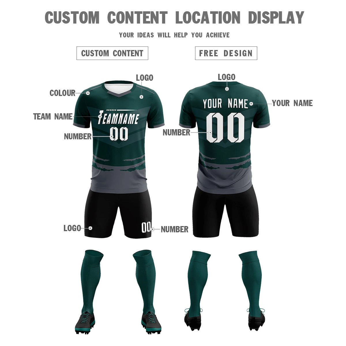 Custom Midnight Green Dark Gray Men Uniform Soccer Sets Jersey