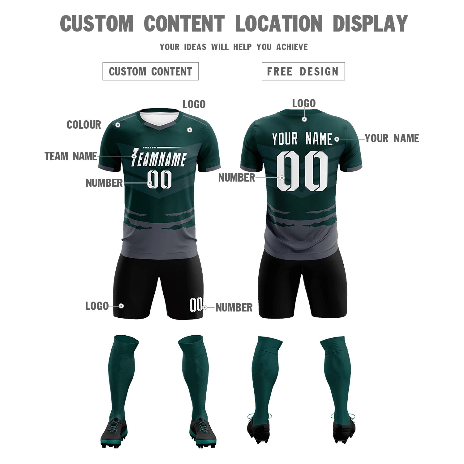 Custom Midnight Green Dark Gray Men Uniform Soccer Sets Jersey