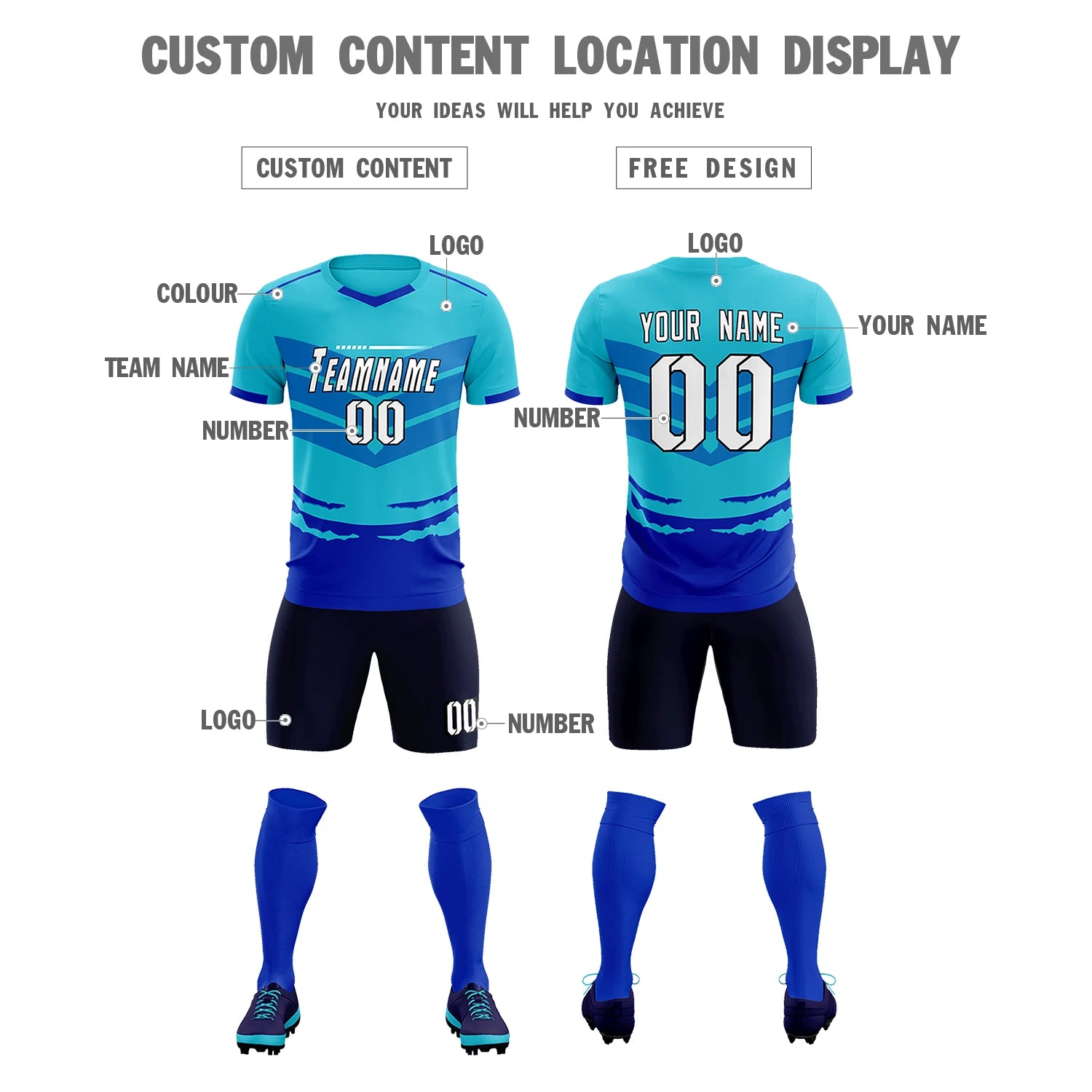 Custom Sky Blue Royal Blue Men Uniform Soccer Sets Jersey