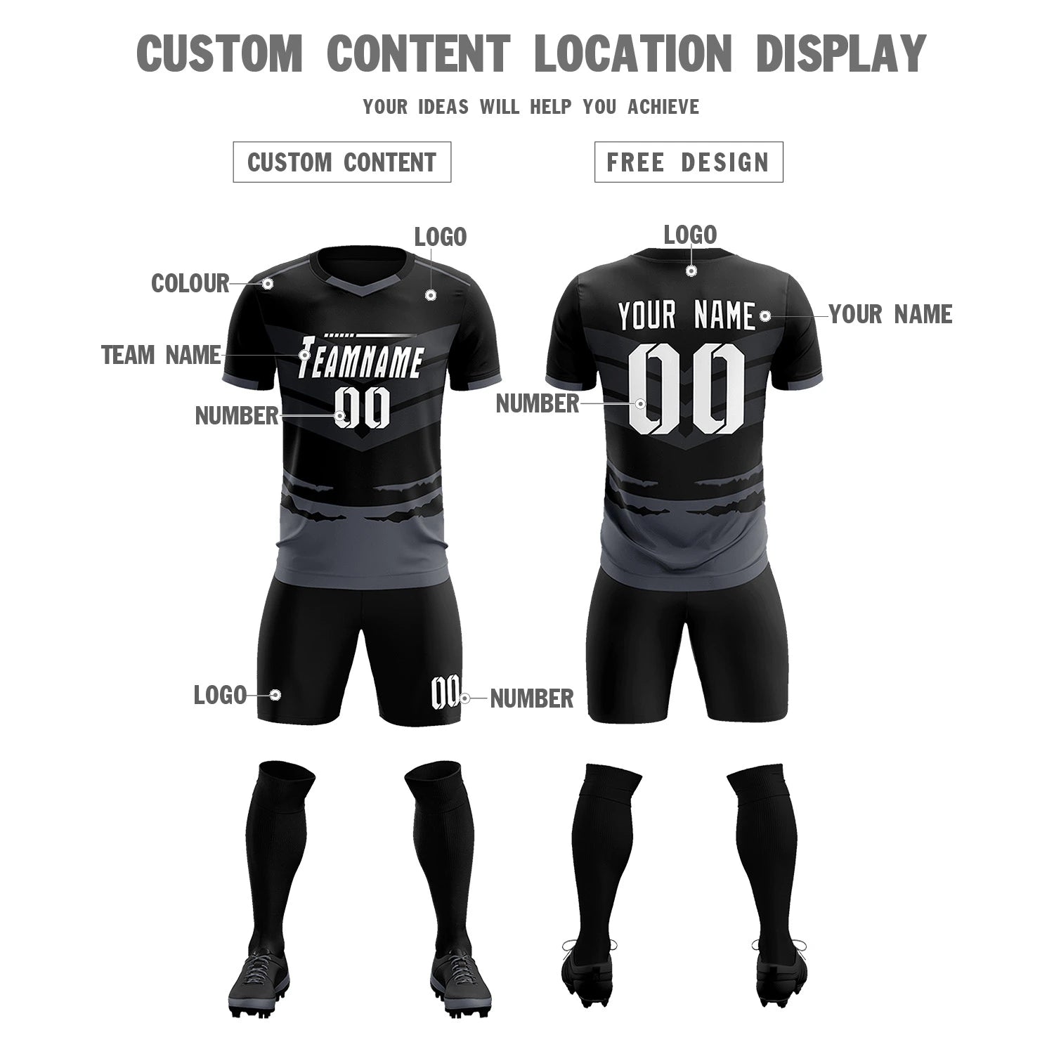 Custom Black Gray Men Uniform Soccer Sets Jersey