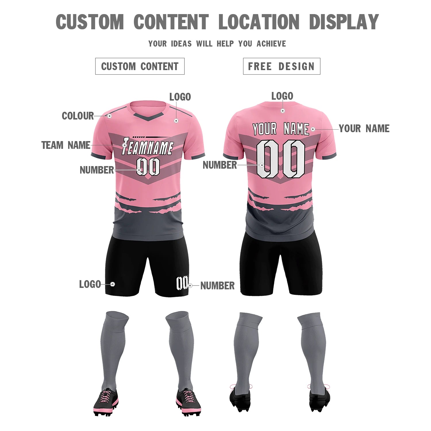 Custom Light Pink Gray Men Uniform Soccer Sets Jersey