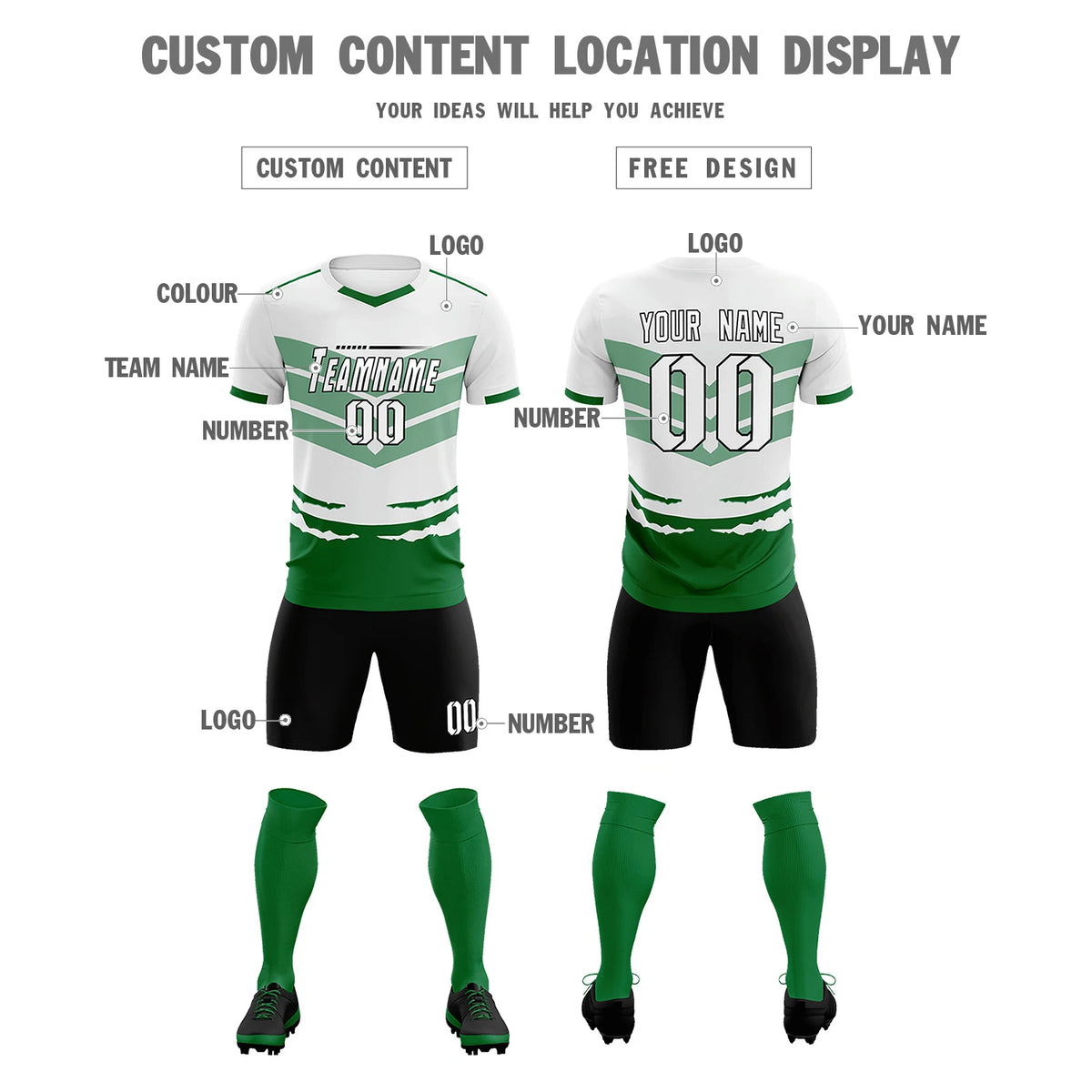 Custom White Kelly Green Men Uniform Soccer Sets Jersey