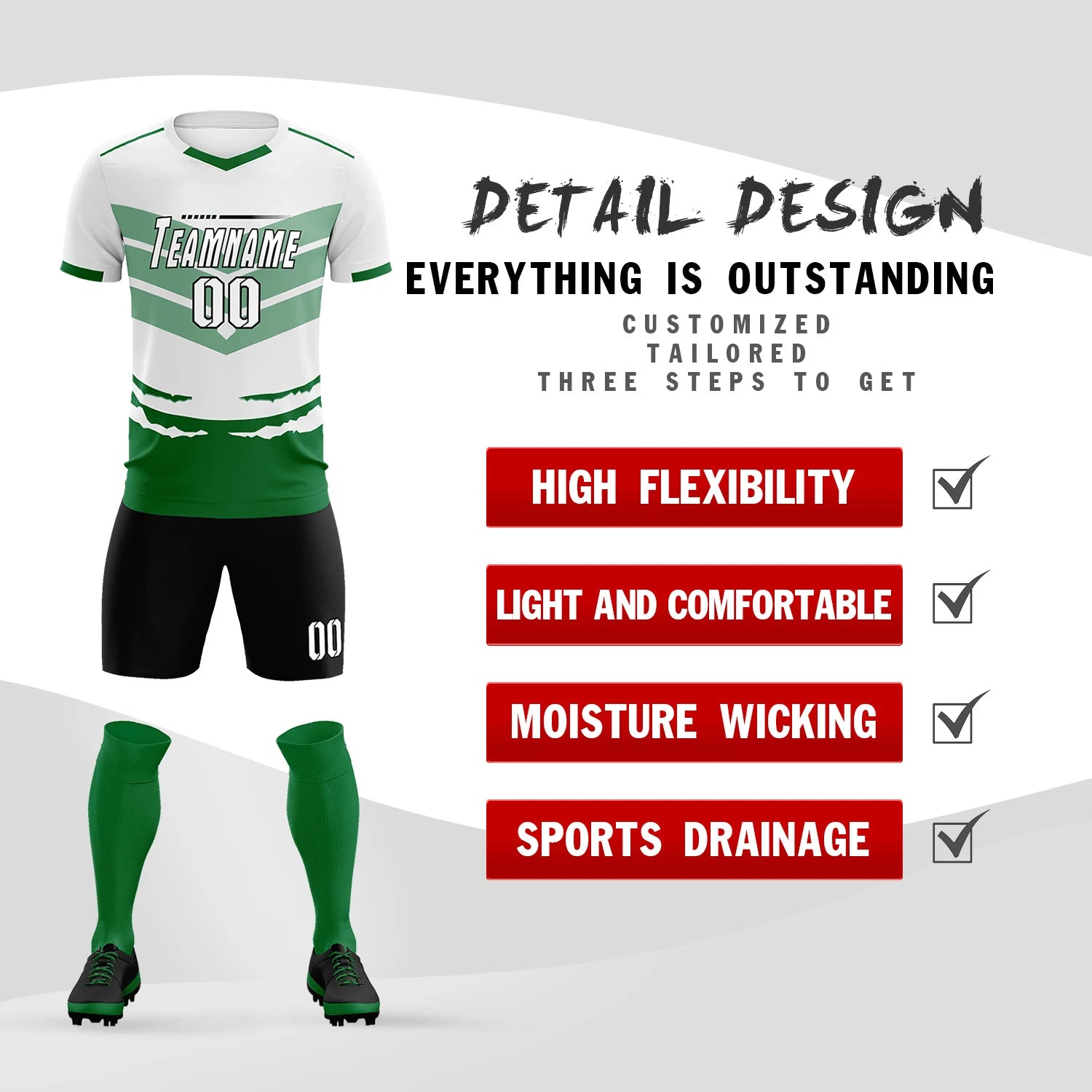 Custom White Kelly Green Men Uniform Soccer Sets Jersey
