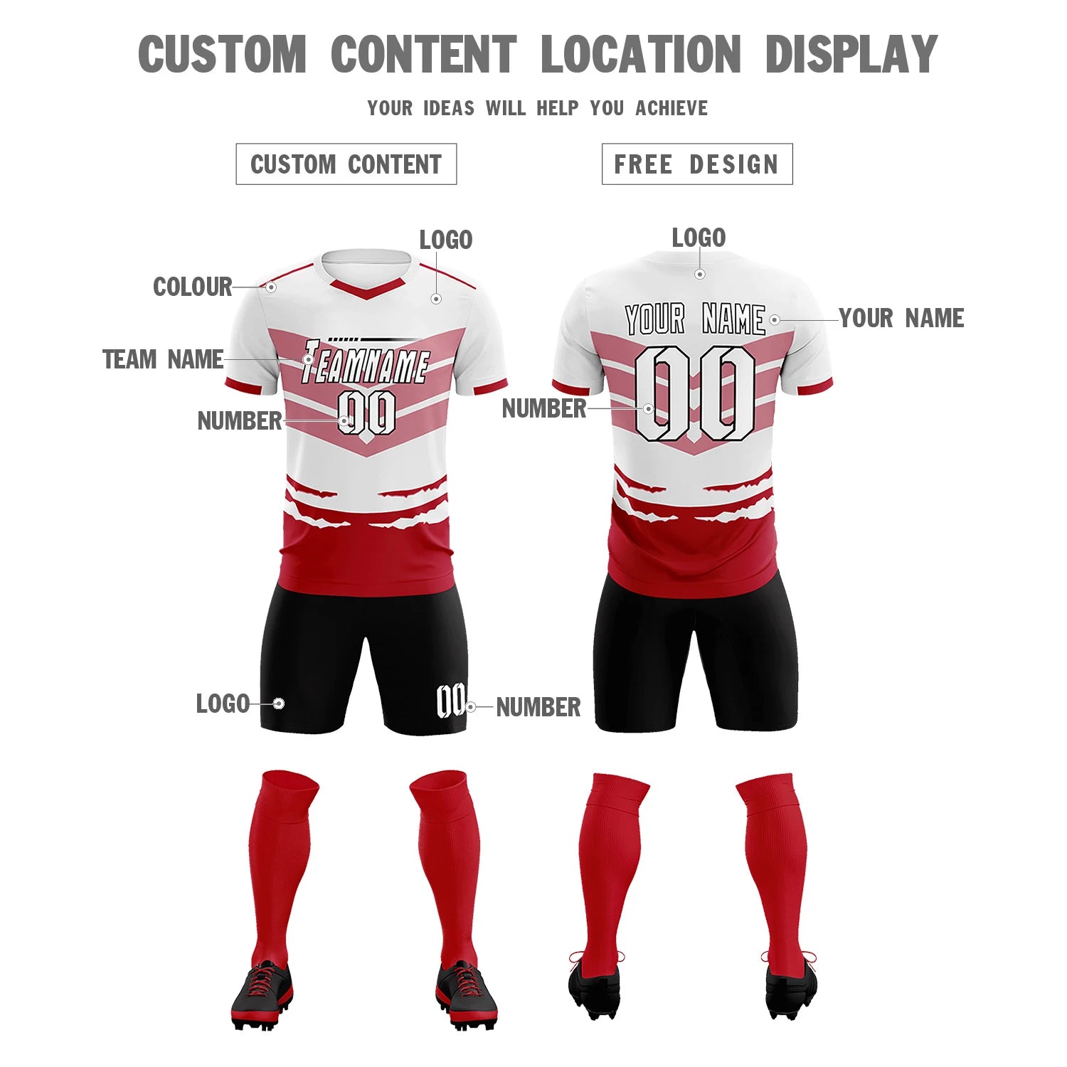 Custom White Red Men Uniform Soccer Sets Jersey