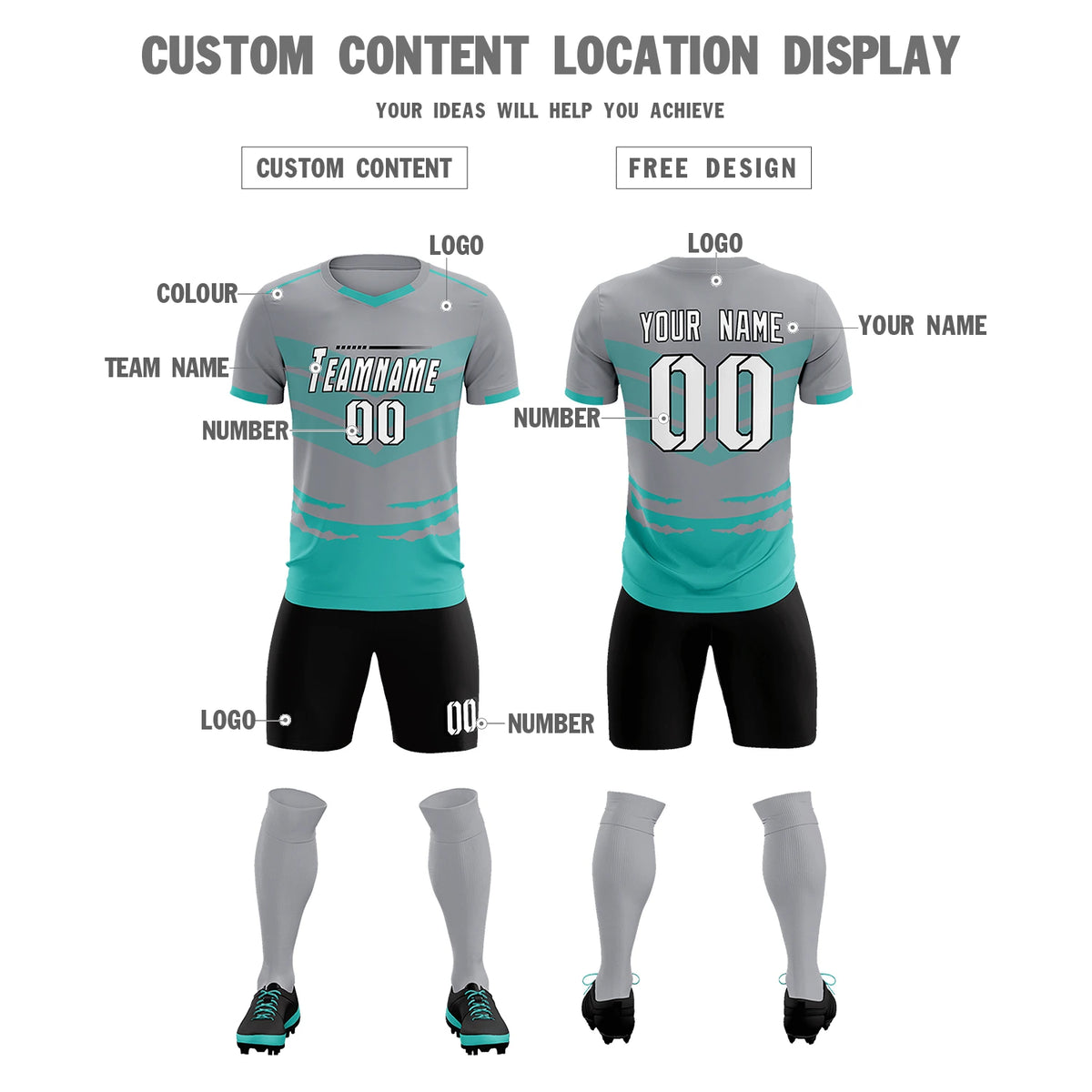 Custom Gray Bright Green Men Uniform Soccer Sets Jersey
