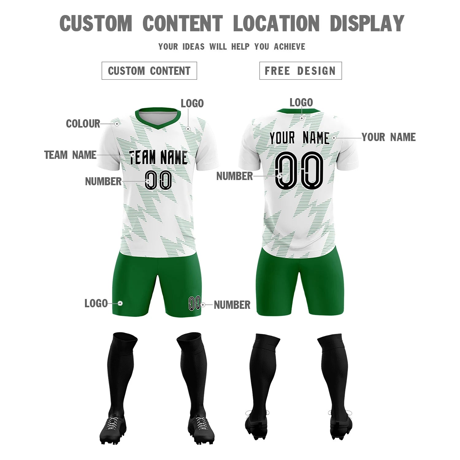 Custom White Kelly Green Quick Dry Training Uniform Soccer Sets Jersey
