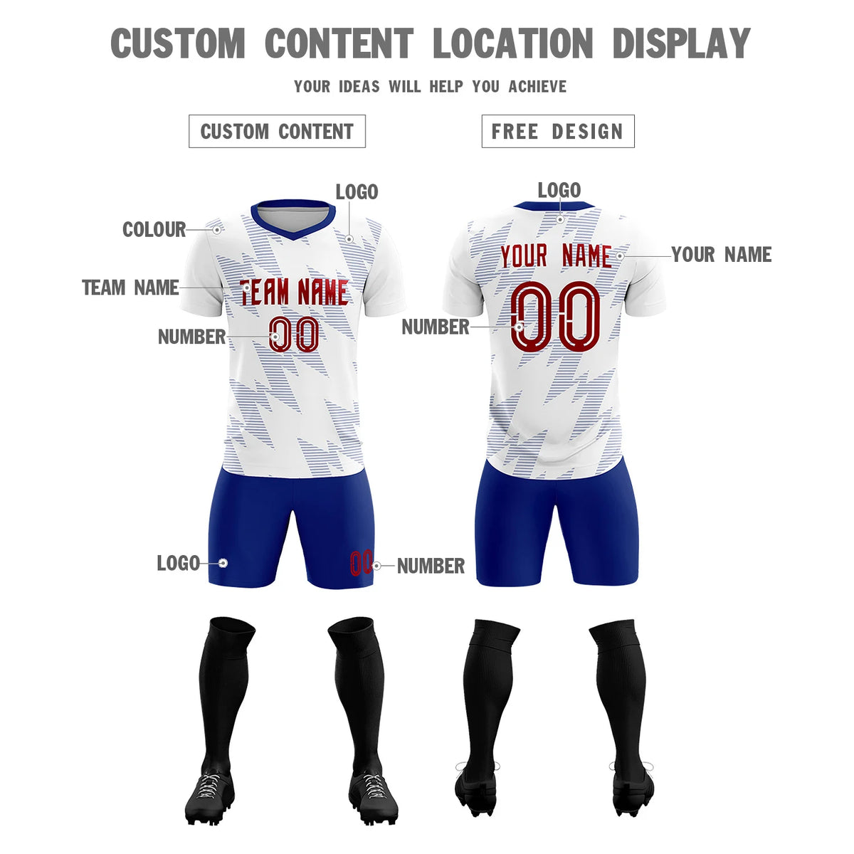 Custom White Royal Blue Quick Dry Training Uniform Soccer Sets Jersey