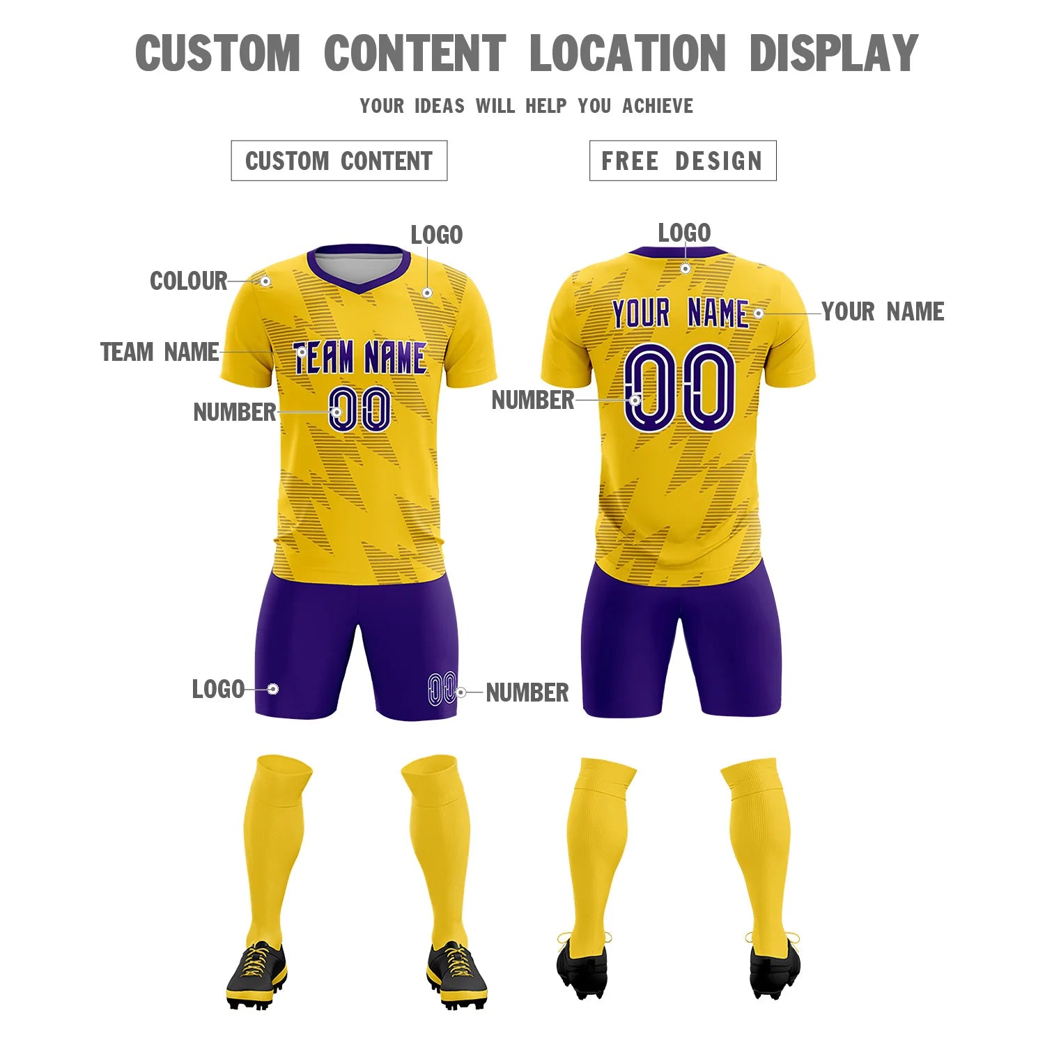 Custom Yellow Purple Quick Dry Training Uniform Soccer Sets Jersey