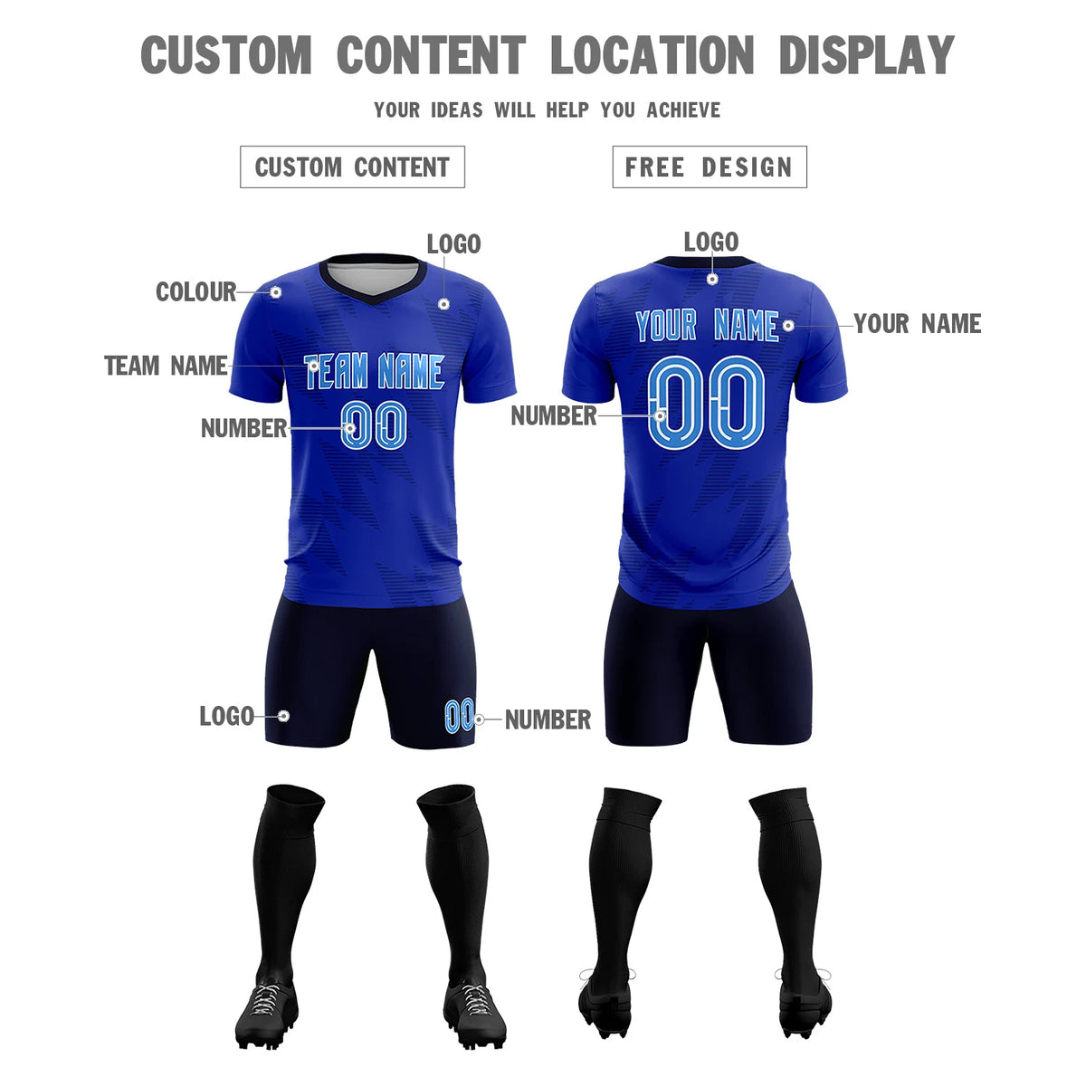 Custom Royal Blue Navy Quick Dry Training Uniform Soccer Sets Jersey