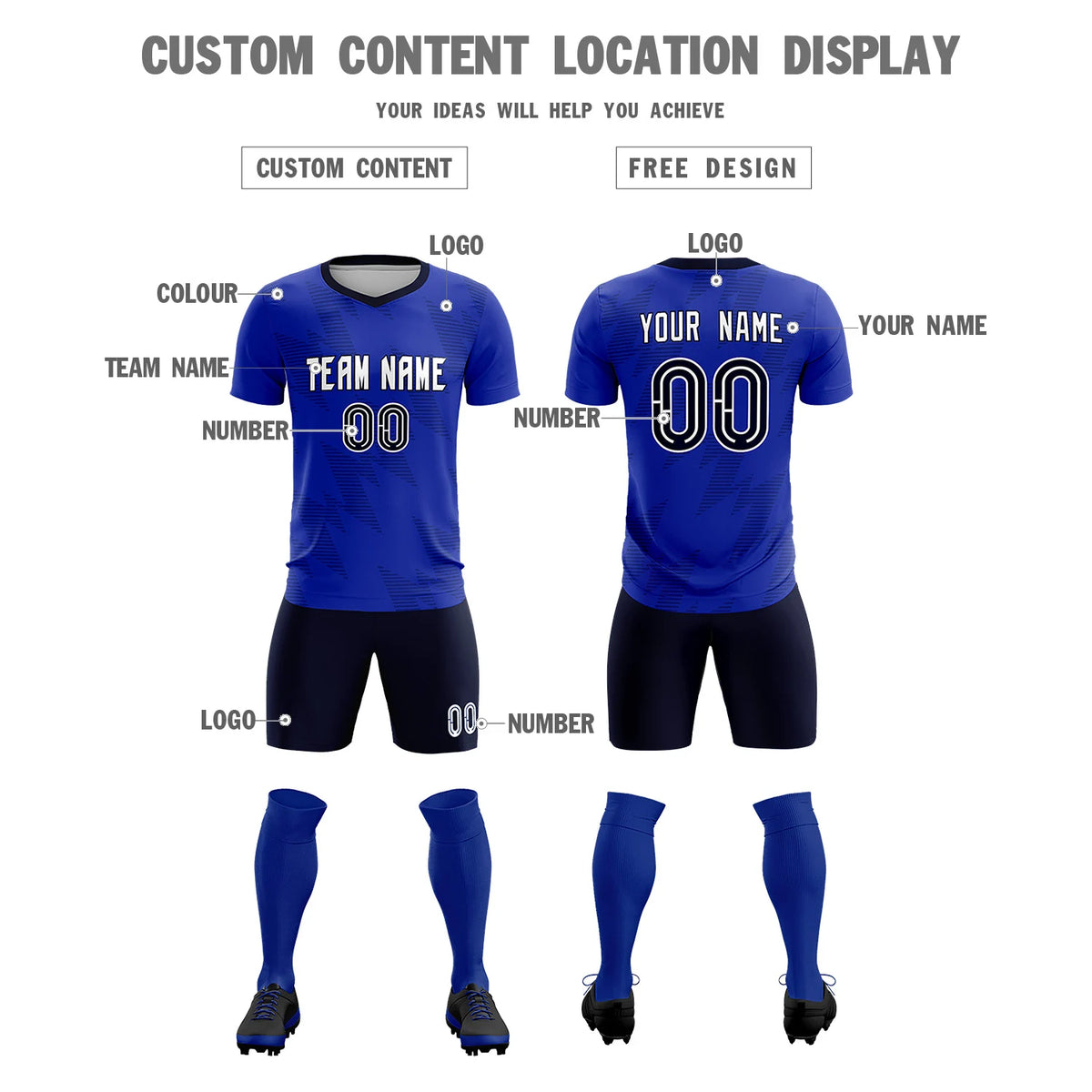 Custom Royal Blue Navy Quick Dry Training Uniform Soccer Sets Jersey