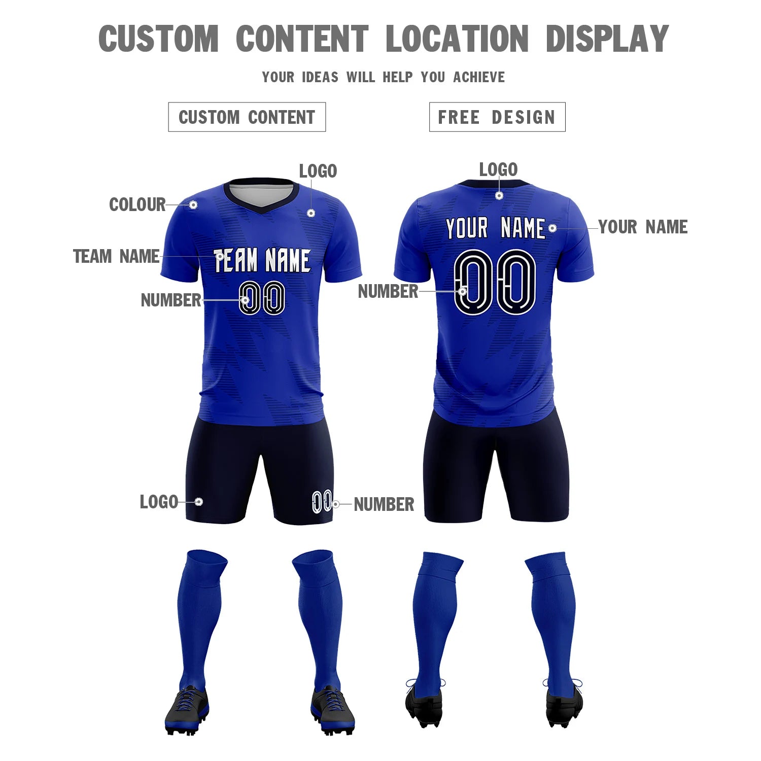 Custom Royal Blue Navy Quick Dry Training Uniform Soccer Sets Jersey