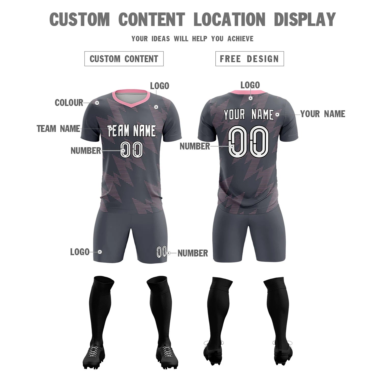 Custom Gray Light PiNK Quick Dry Training Uniform Soccer Sets Jersey