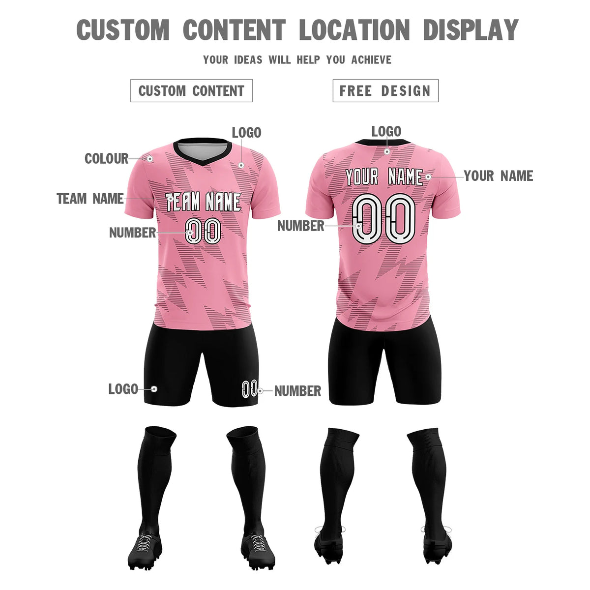 Custom Light Pink Black Quick Dry Training Uniform Soccer Sets Jersey