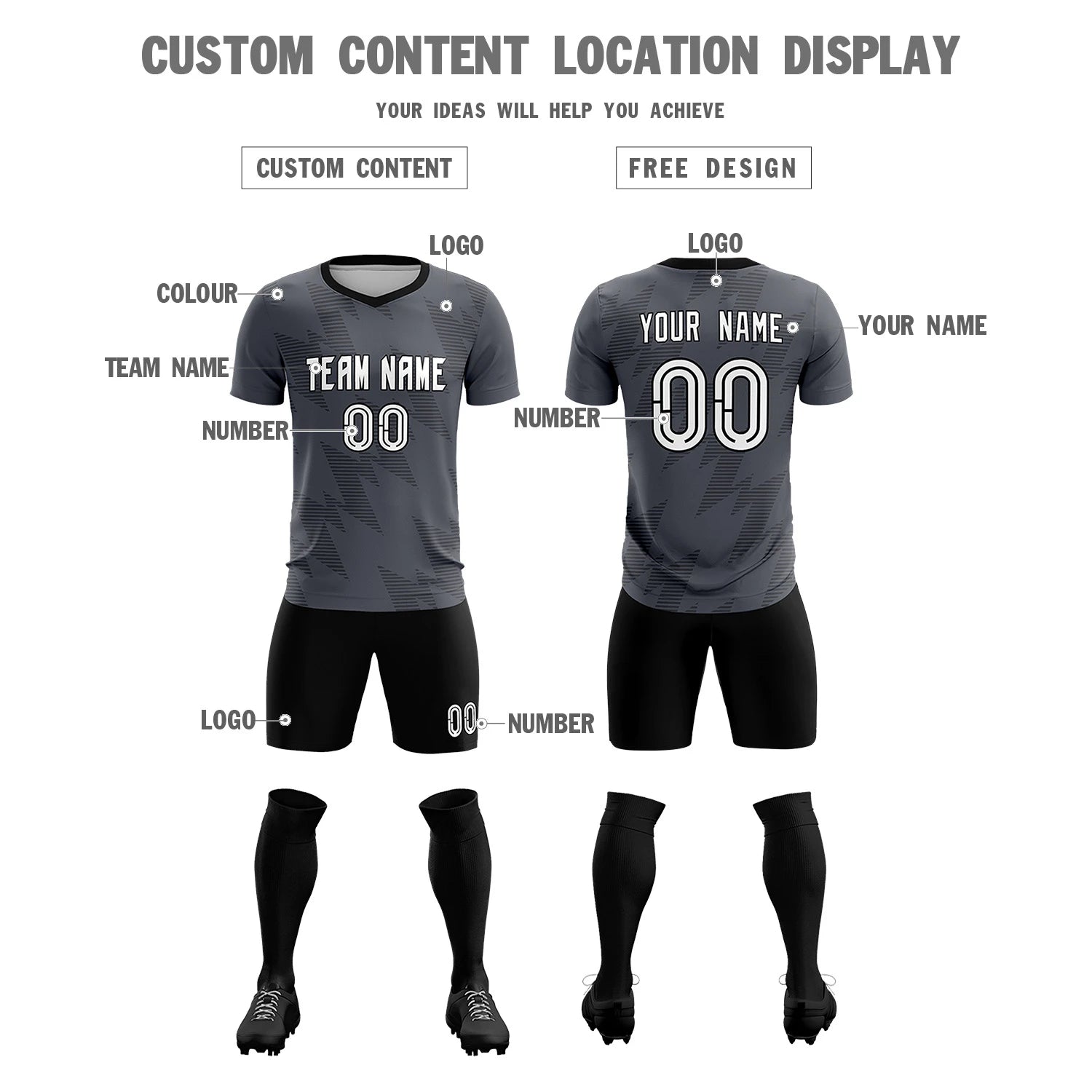 Custom Gray Black Quick Dry Training Uniform Soccer Sets Jersey