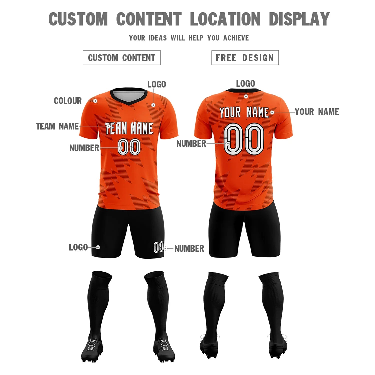 Custom Orange Black Quick Dry Training Uniform Soccer Sets Jersey