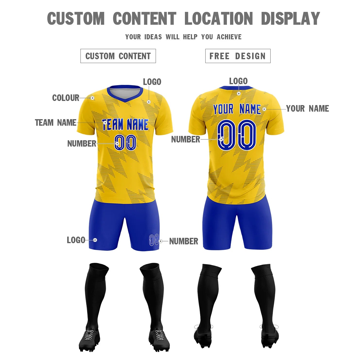 Custom Gold01 Royal Blue Quick Dry Training Uniform Soccer Sets Jersey